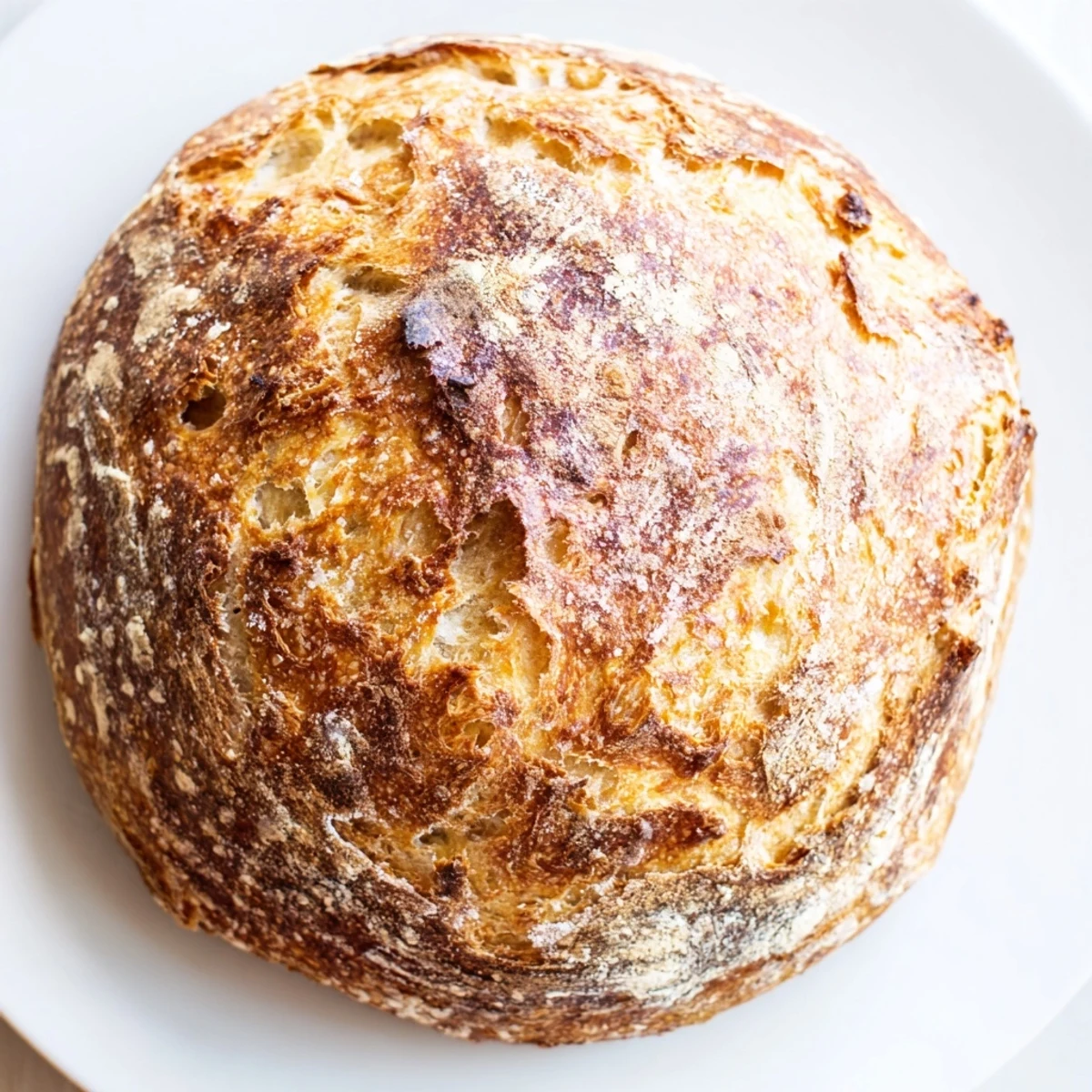 Rustic no knead bread recipe showing deep brown crust sliced for serving