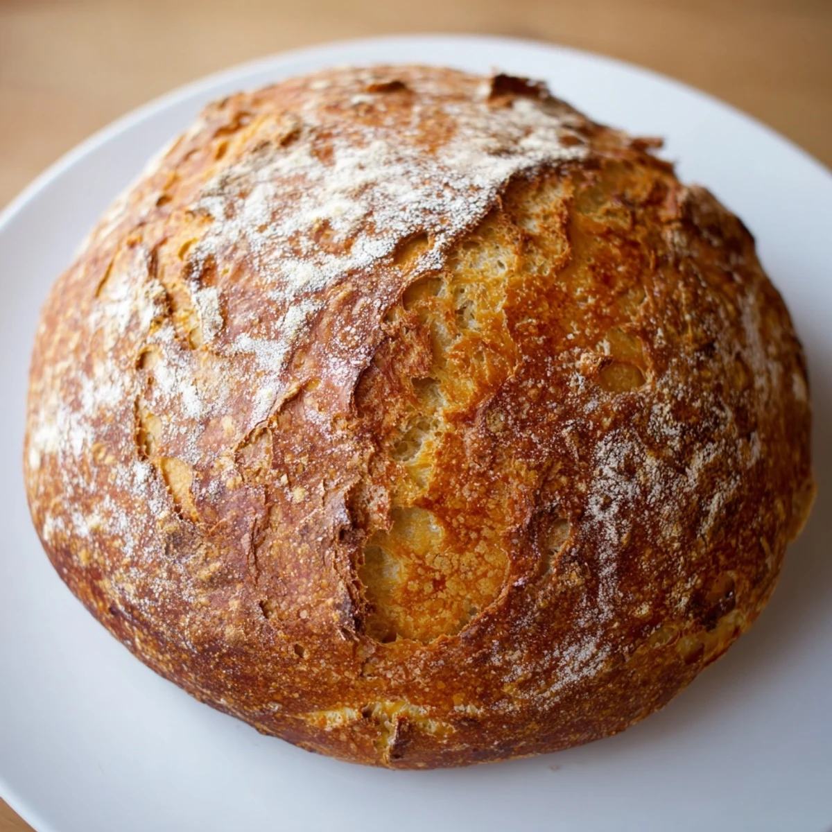 Freshly baked artisan no knead bread cooling on wire rack ready to slice