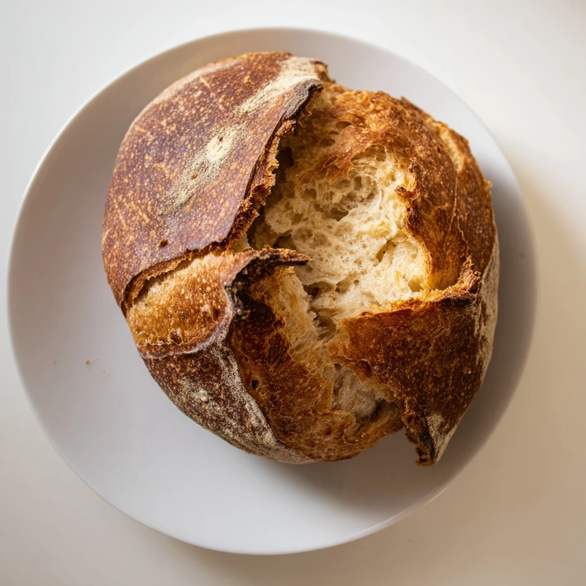 Rustic homemade crusty bread fresh from oven with deep brown caramelized surface