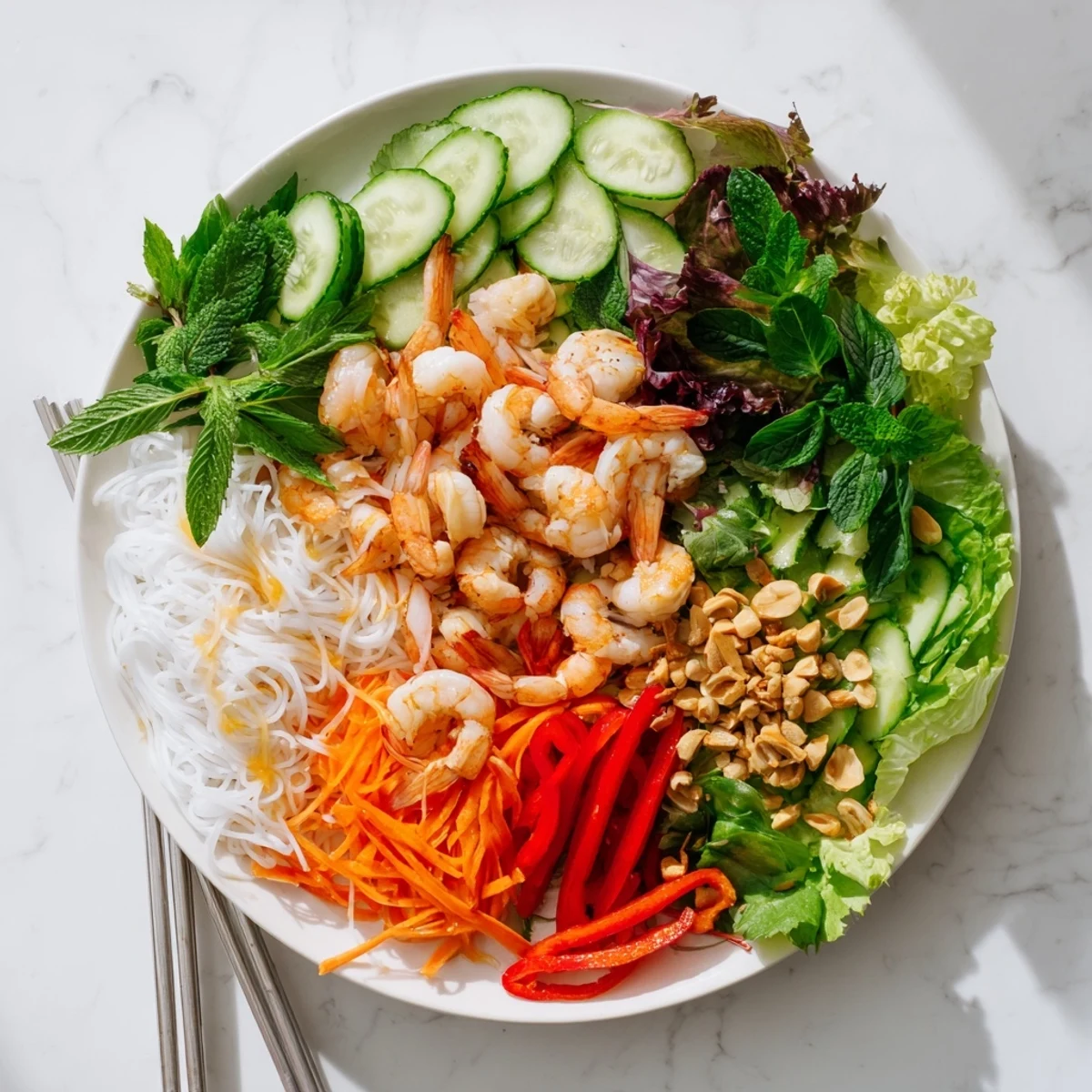 Colorful spring roll salad bowl with crisp vegetables, shrimp, rice noodles, and spicy ginger dressing drizzled on top
