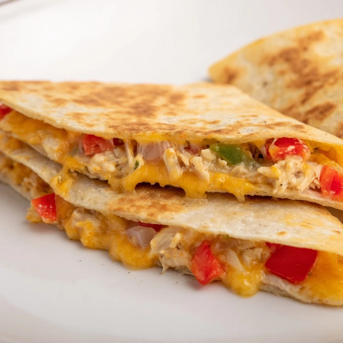 Golden brown chicken quesadillas sliced into wedges on a white plate