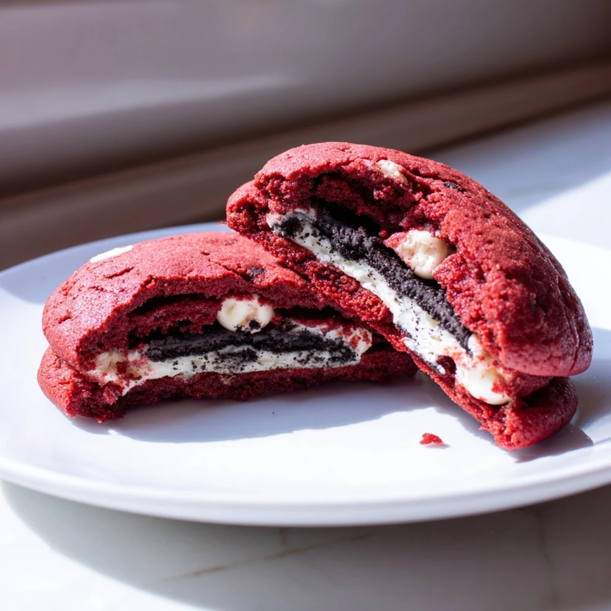 Fresh homemade red velvet Oreo cookies with creamy white filling and white chocolate chips on a white plate