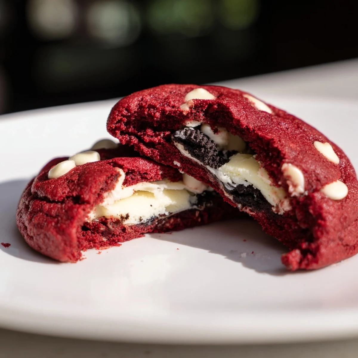 Soft-baked red velvet Oreo cookies stuffed with sweet cream cheese filling and crushed cookie pieces