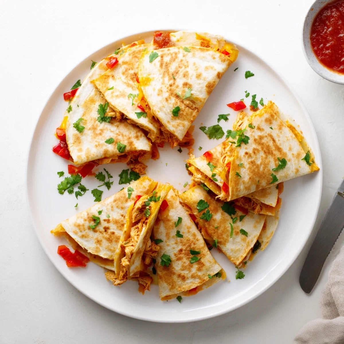 Half-moon shaped crispy chicken quesadillas cut into wedges garnished with fresh cilantro and lime wedges