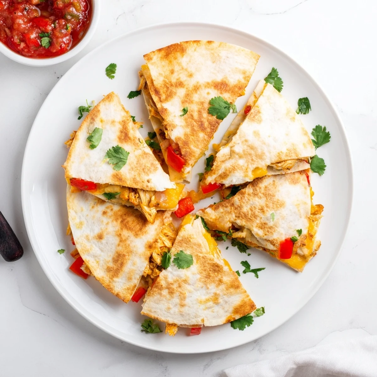 Golden crispy chicken quesadillas with melted cheese and colorful diced vegetables on a wooden serving board
