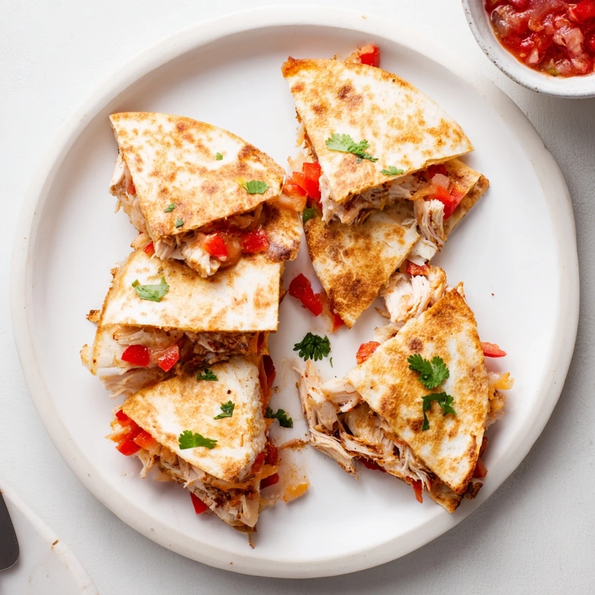 Skillet-cooked quesadillas featuring seasoned chicken and bell peppers between golden brown flour tortillas