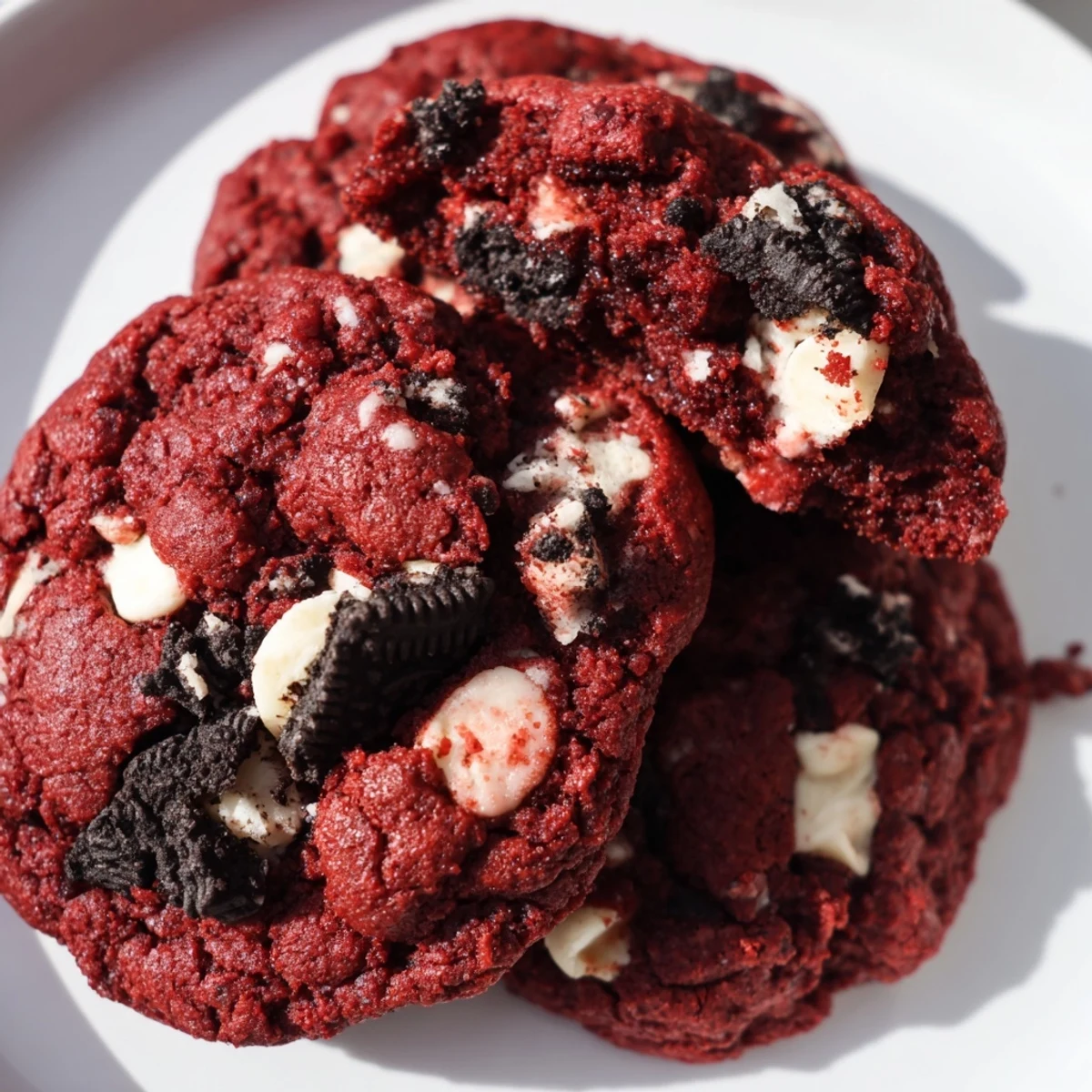 Soft red velvet Oreo cookies with white chocolate chips on a cooling rack