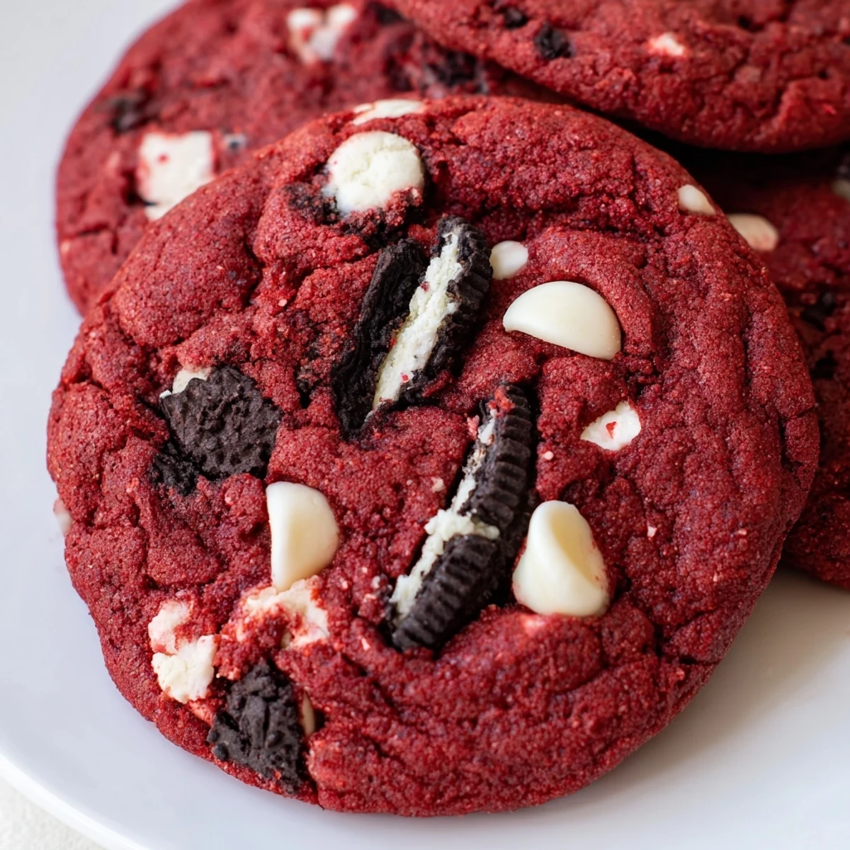 Homemade red velvet Oreo cookies showing cream-filled chunks and melty white chips