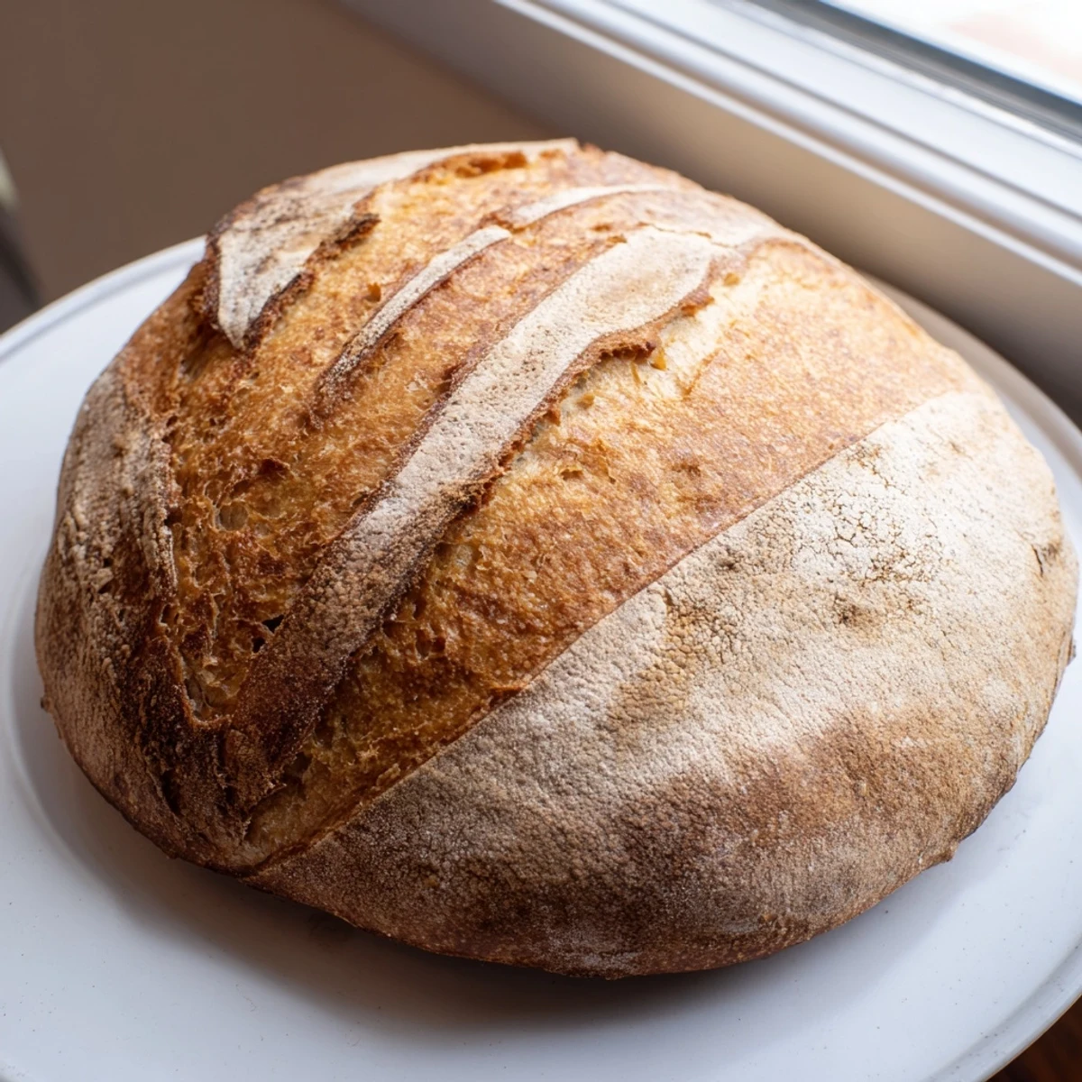 Golden crusty easy rustic bread loaf with deep scoring and artisanal texture