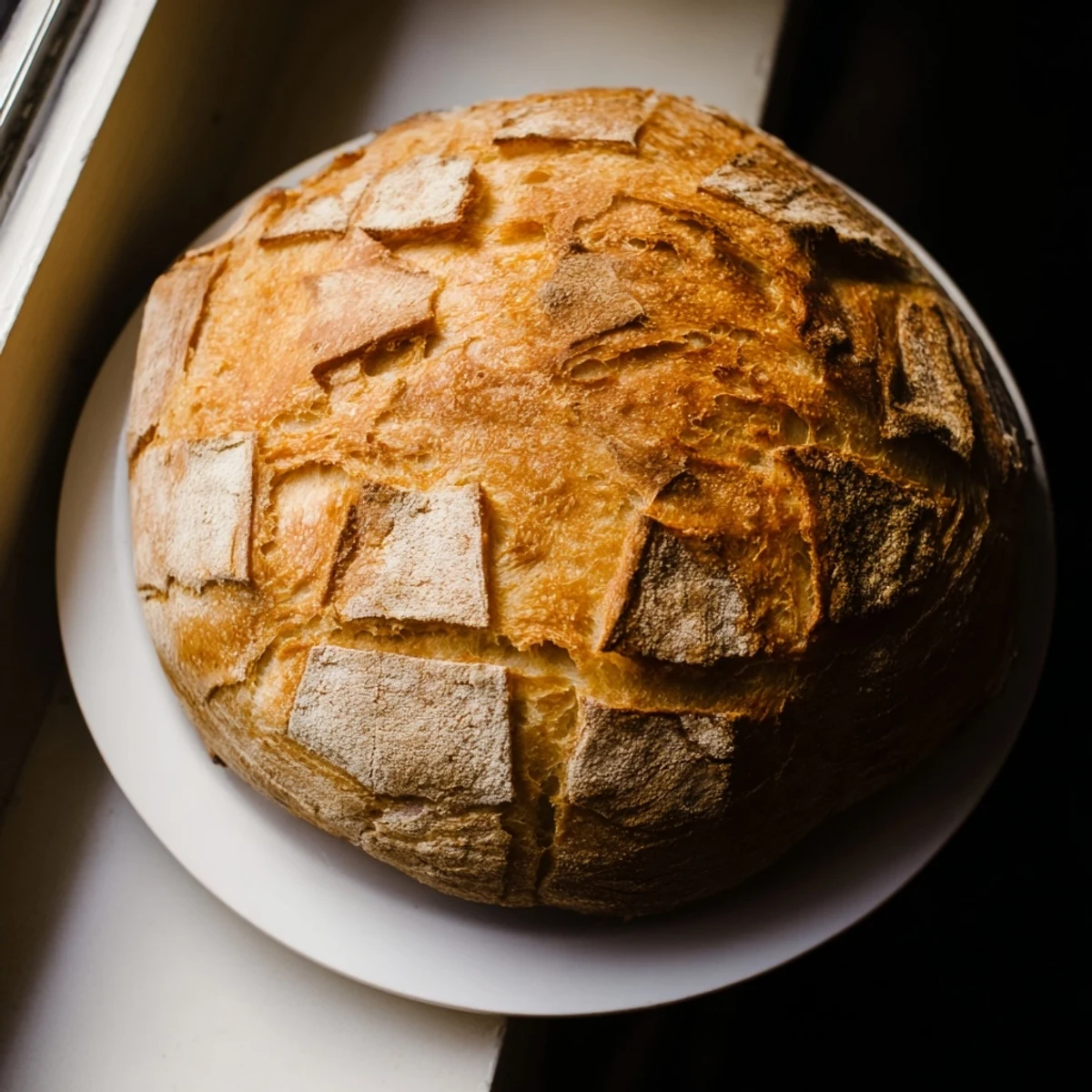Freshly baked easy rustic bread cooling on wire rack with crackly surface