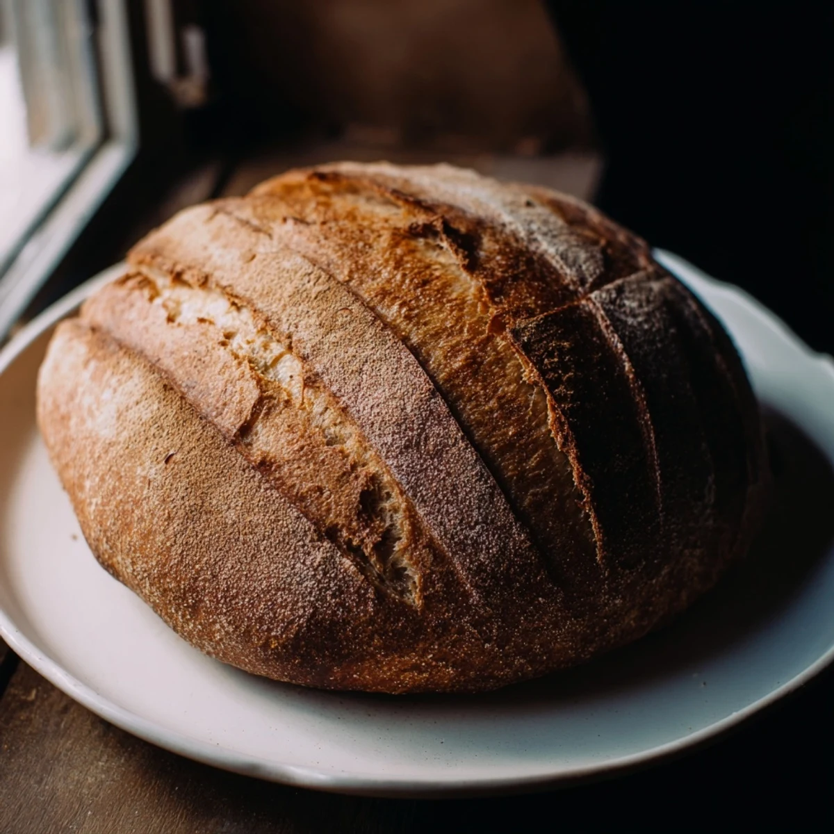 Homemade easy rustic bread sliced open revealing soft chewy interior crumb
