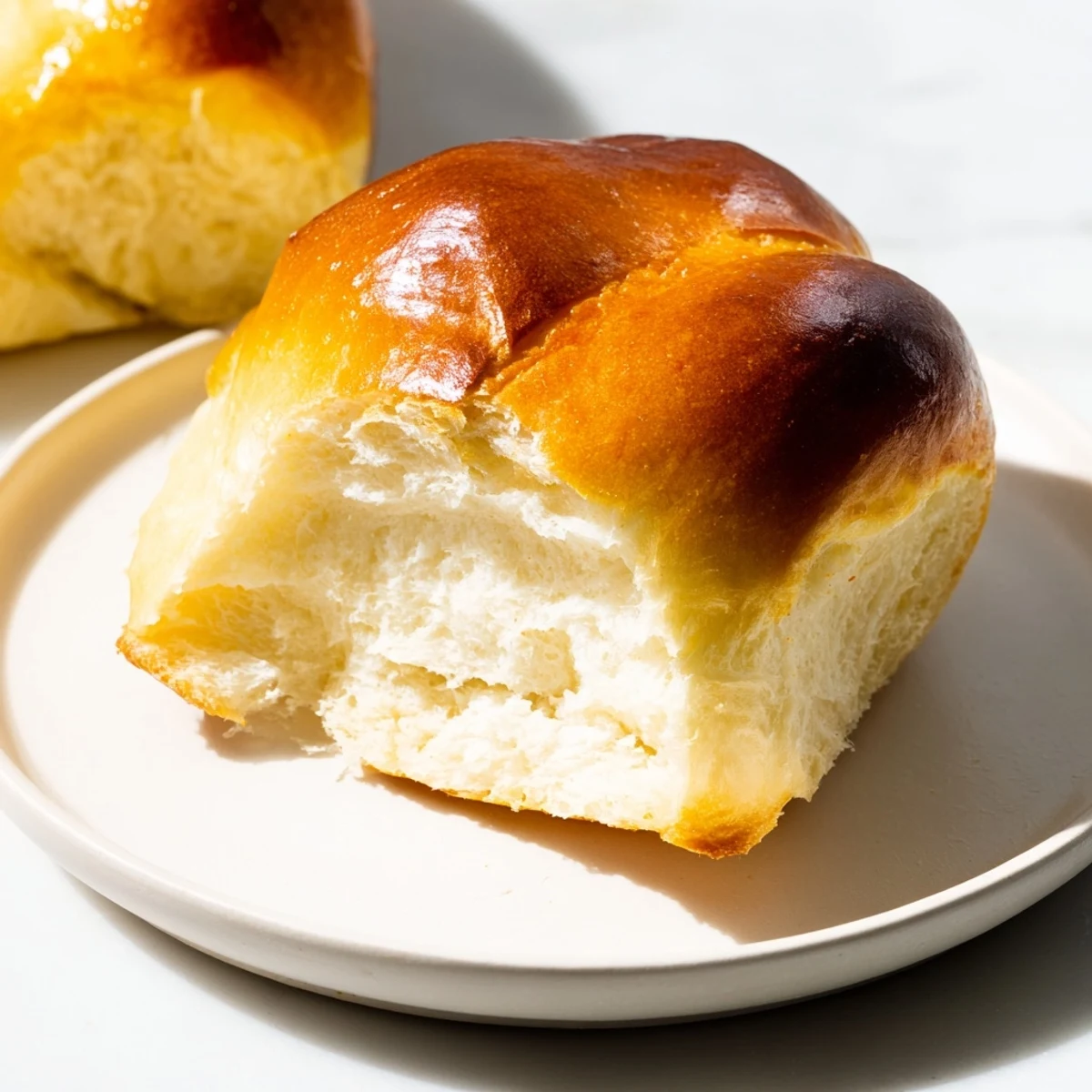 Fluffy homemade buttery bliss brioche rolls with glossy egg-washed tops baking in pan