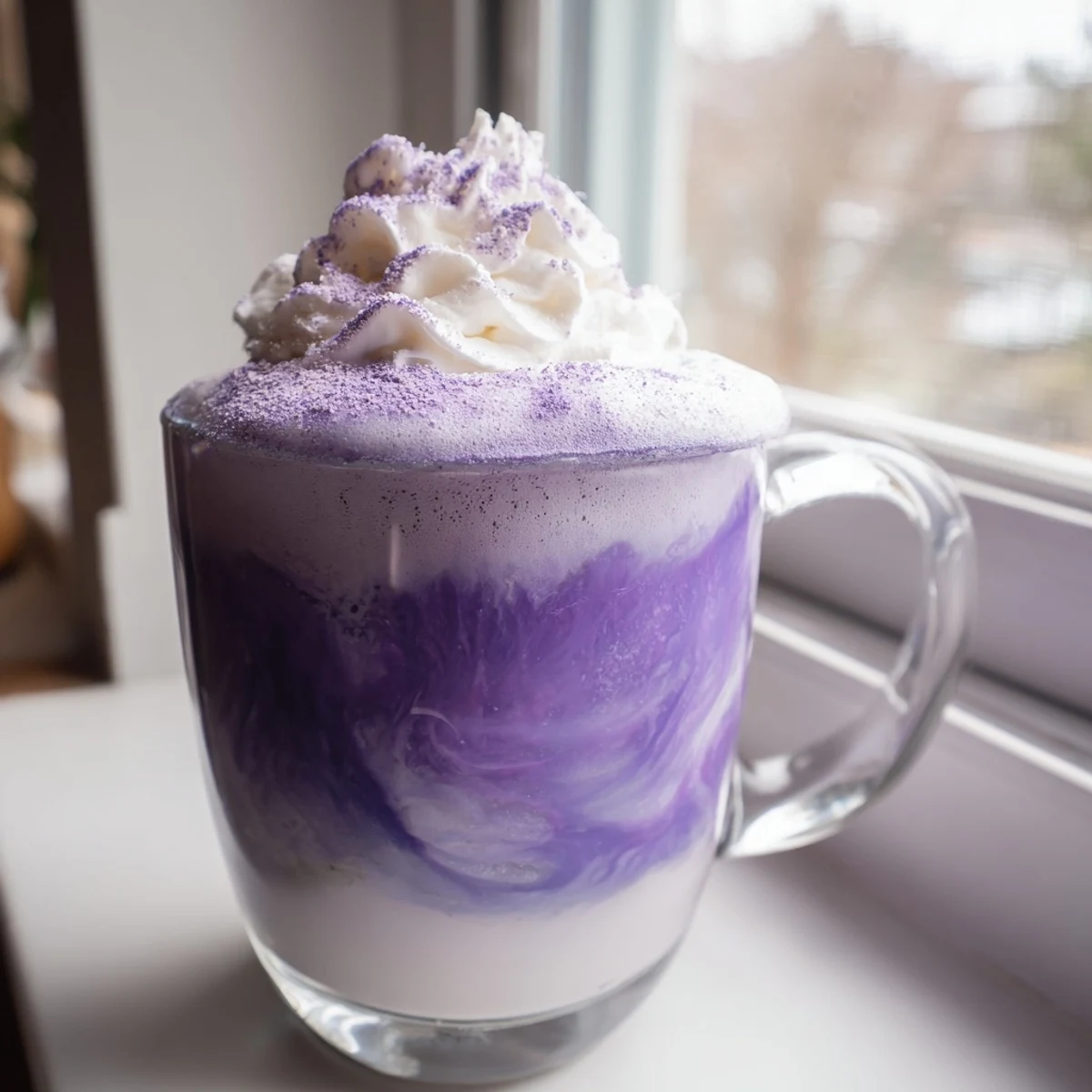 Vibrant purple ube latte with creamy swirls of espresso and steamed milk topped with whipped cream