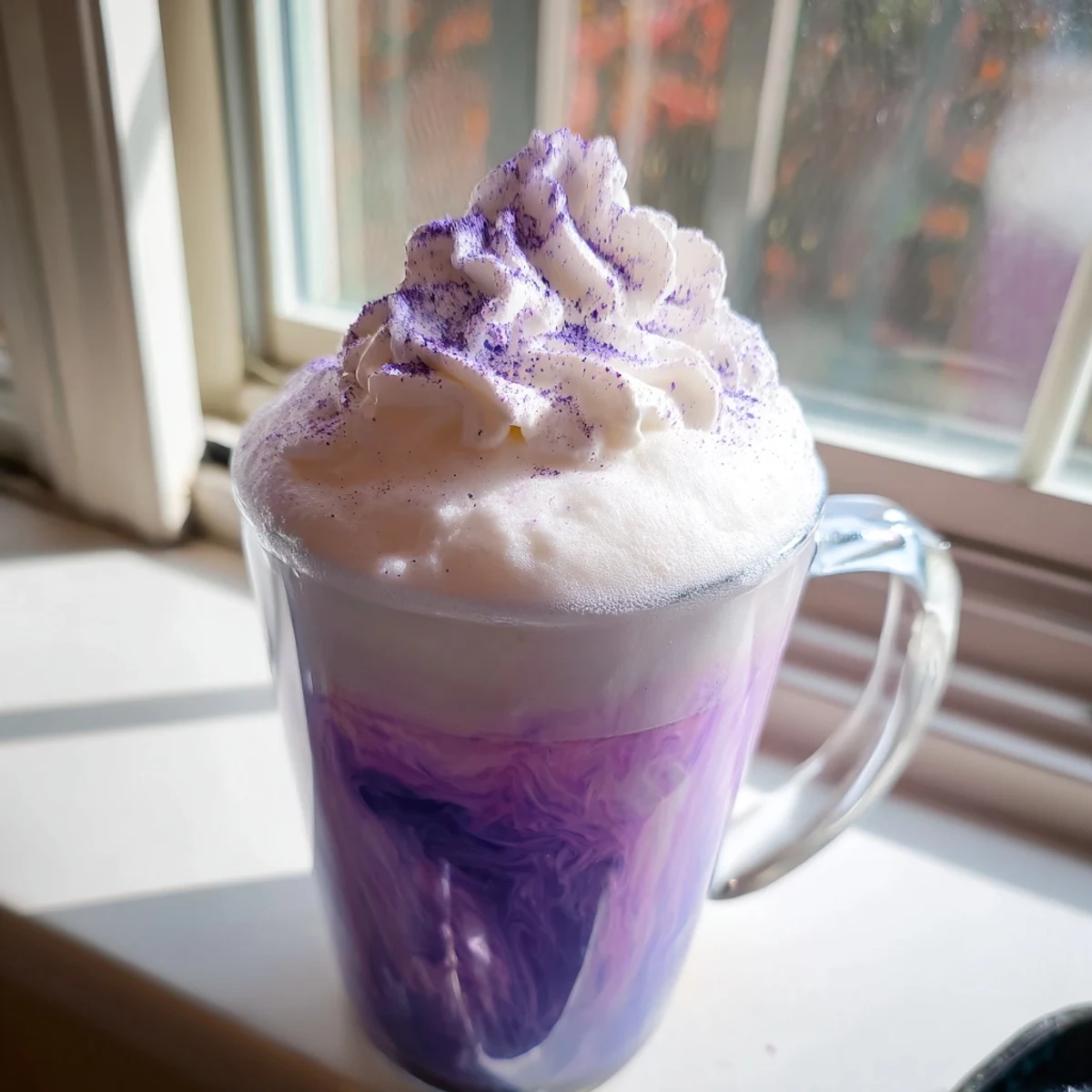 Glass of iced ube latte showing purple yam blended with coffee over ice cubes