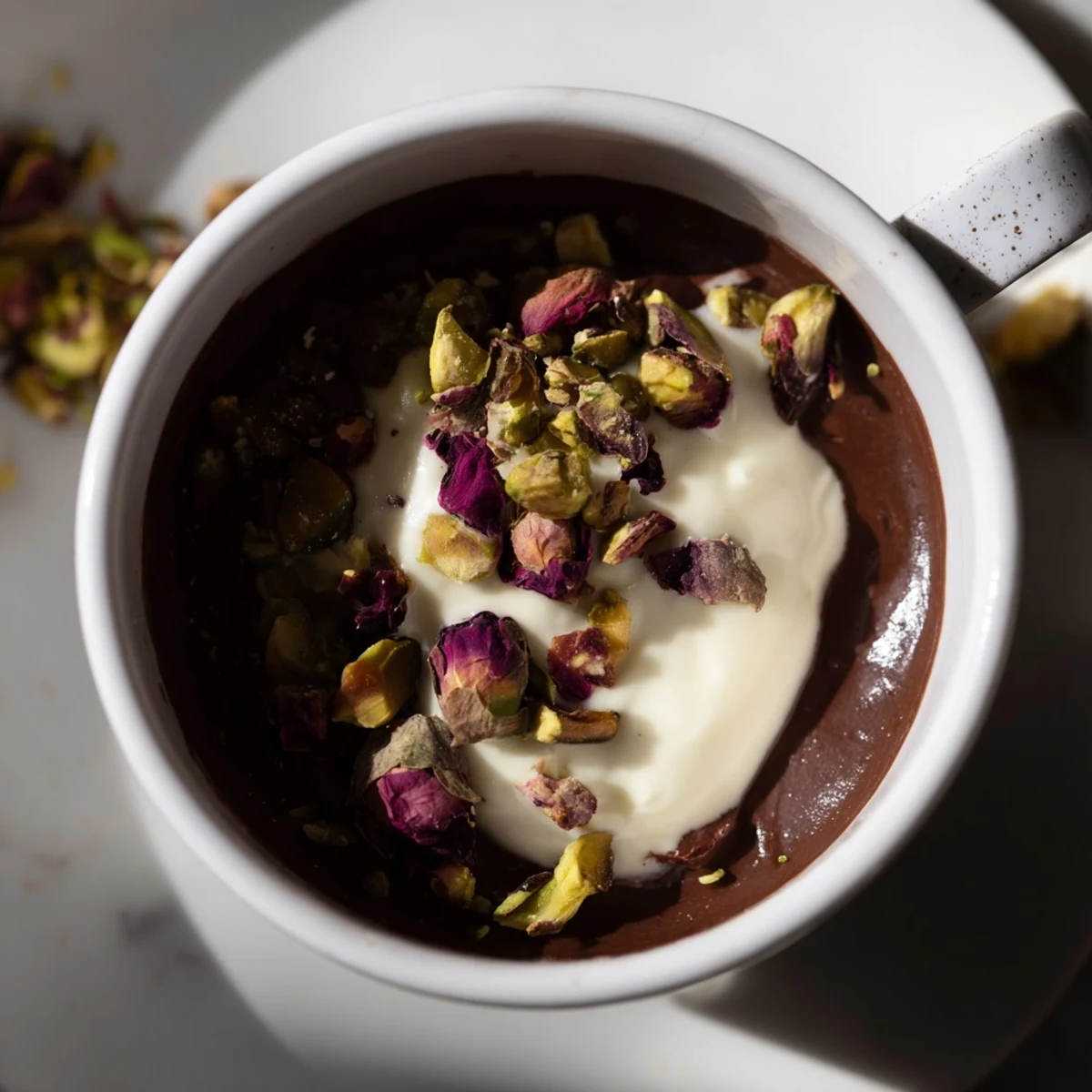 Decadent Dubai chocolate cup featuring layered dark chocolate mousse with aromatic cardamom and crunchy honey-toasted pistachios