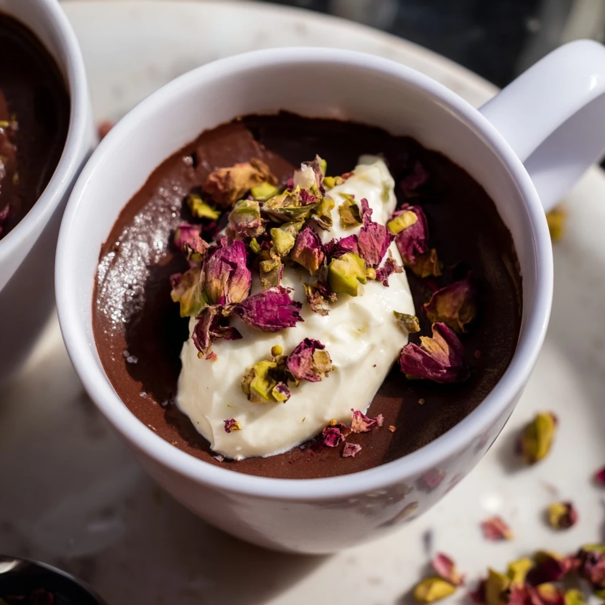 Rich Middle Eastern dessert cup topped with fragrant rosewater cream, crushed pistachios, and delicate dried rose petals