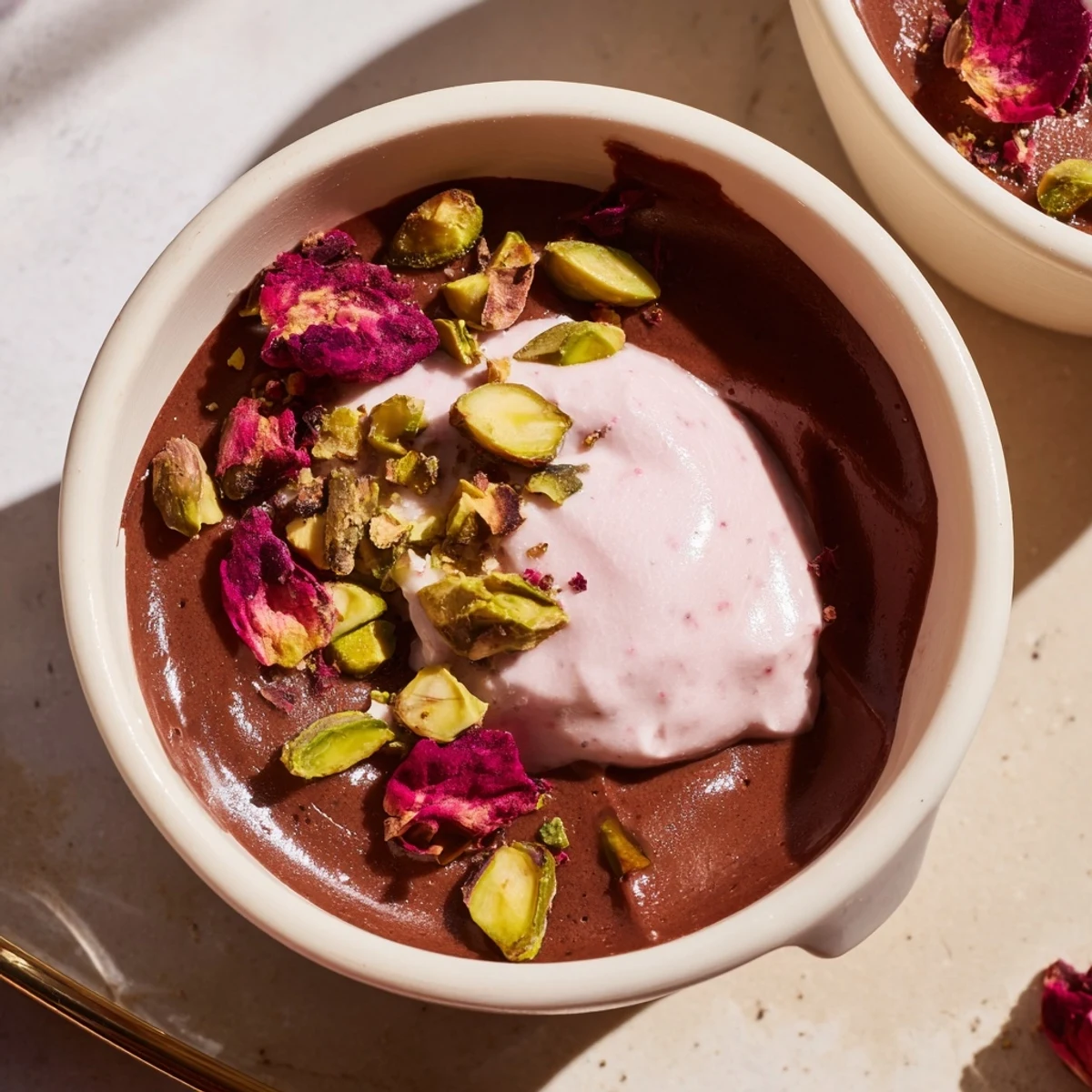 Luxurious chocolate mousse dessert with creamy layers, spiced cardamom notes, and a nutty pistachio honey crunch base