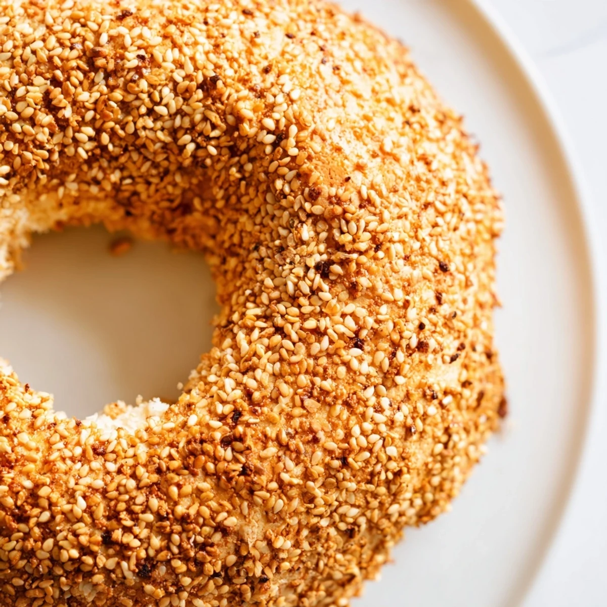 Golden brown sesame bread rings with crispy crust and soft interior, freshly baked on wire rack