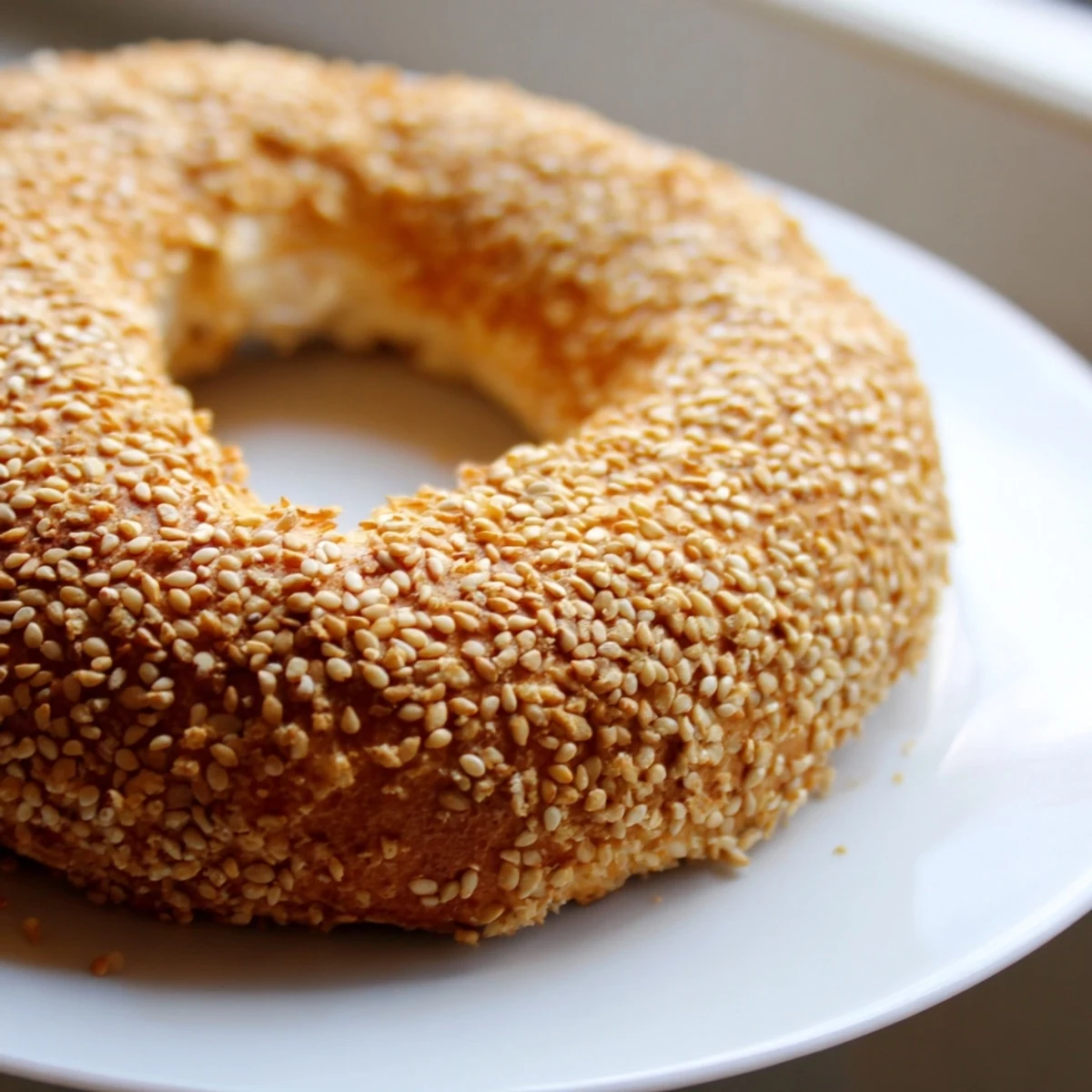 Mediterranean-style sesame bread rings coated in toasted seeds, served alongside olives and cheese for breakfast