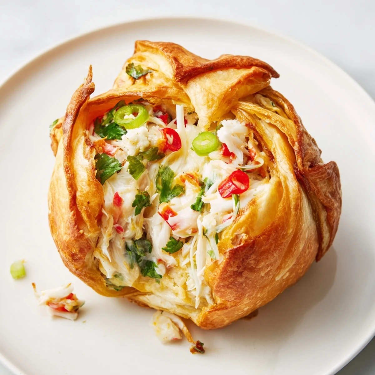 Handheld Mexican-American appetizer featuring golden wrapped tortillas filled with seasoned crab and shrimp
