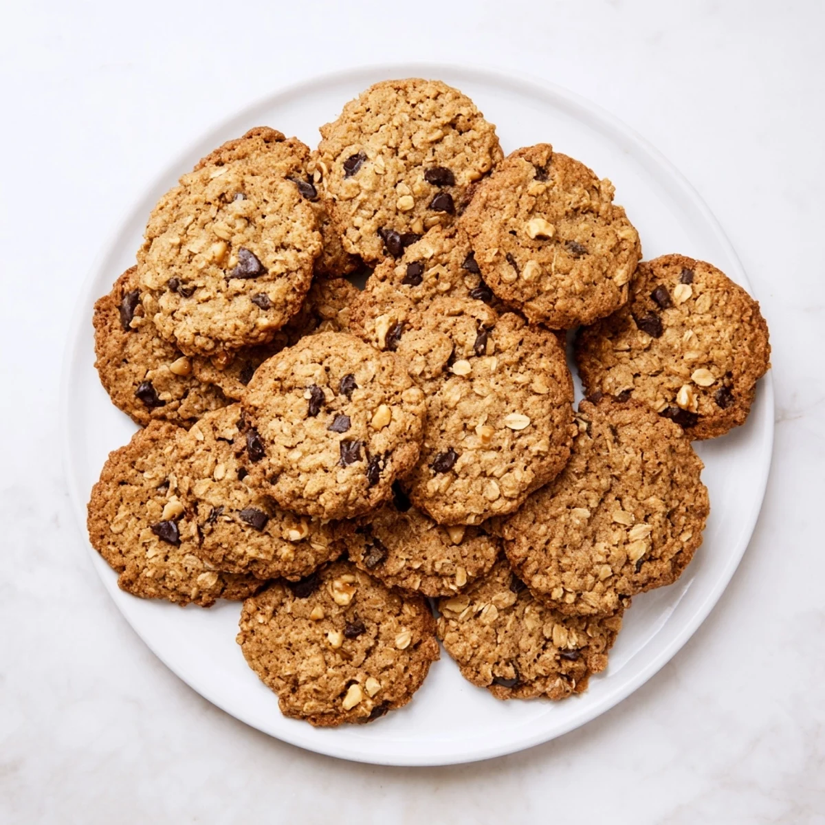 Golden brown butter Irish oat cookies stacked on a wooden cutting board with melted chocolate chips