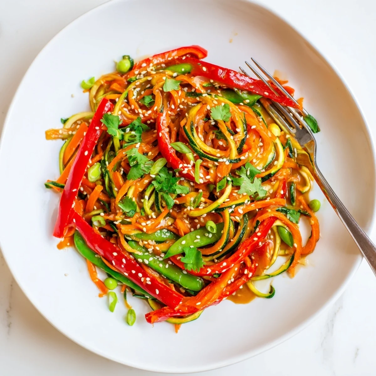 Golden spiralized zucchini noodles coated in glossy teriyaki sauce with crisp vegetables and sesame seed garnish