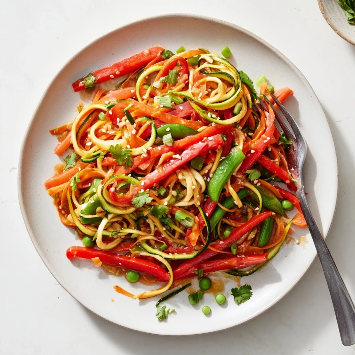 Vibrant stir-fry featuring crisp zucchini noodles and colorful vegetables tossed in savory homemade teriyaki glaze
