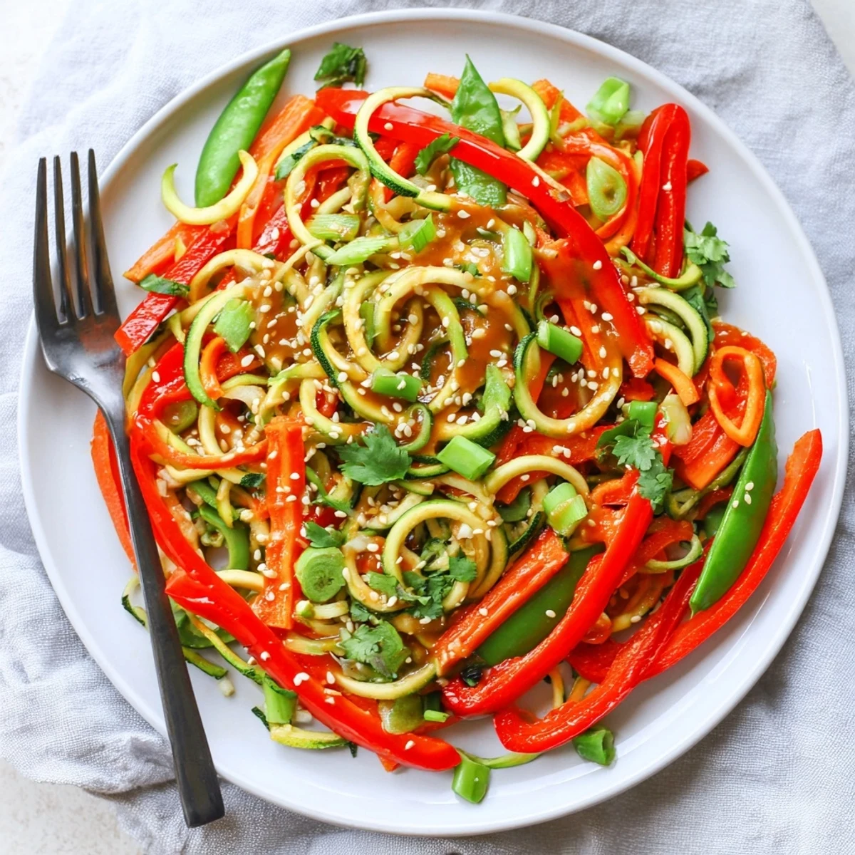 Fresh low-carb teriyaki zucchini noodles with snap peas, bell peppers, and toasted sesame seed topping