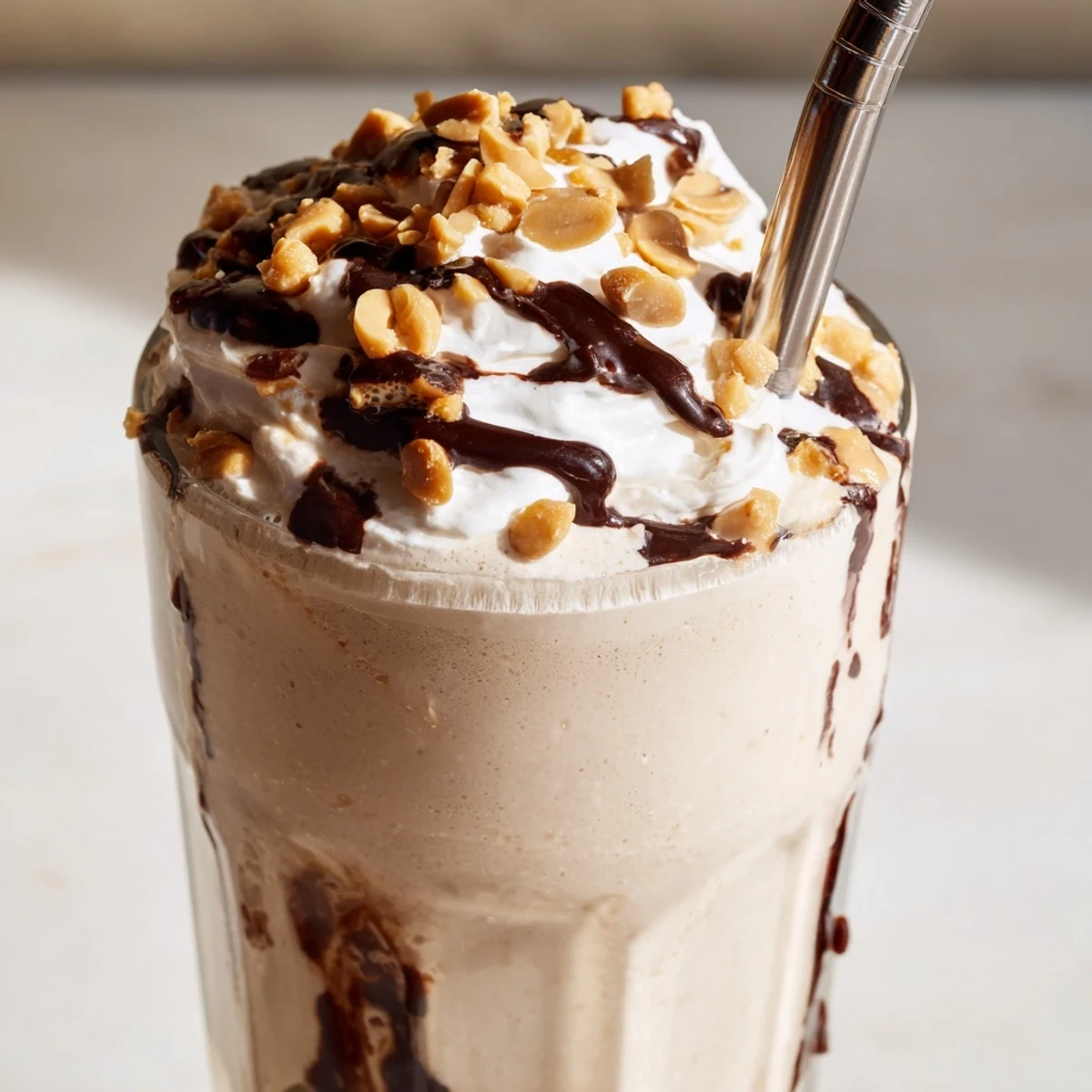 Thick creamy Five Guys-style peanut butter milkshake topped with whipped cream and crushed roasted peanuts in a chilled glass