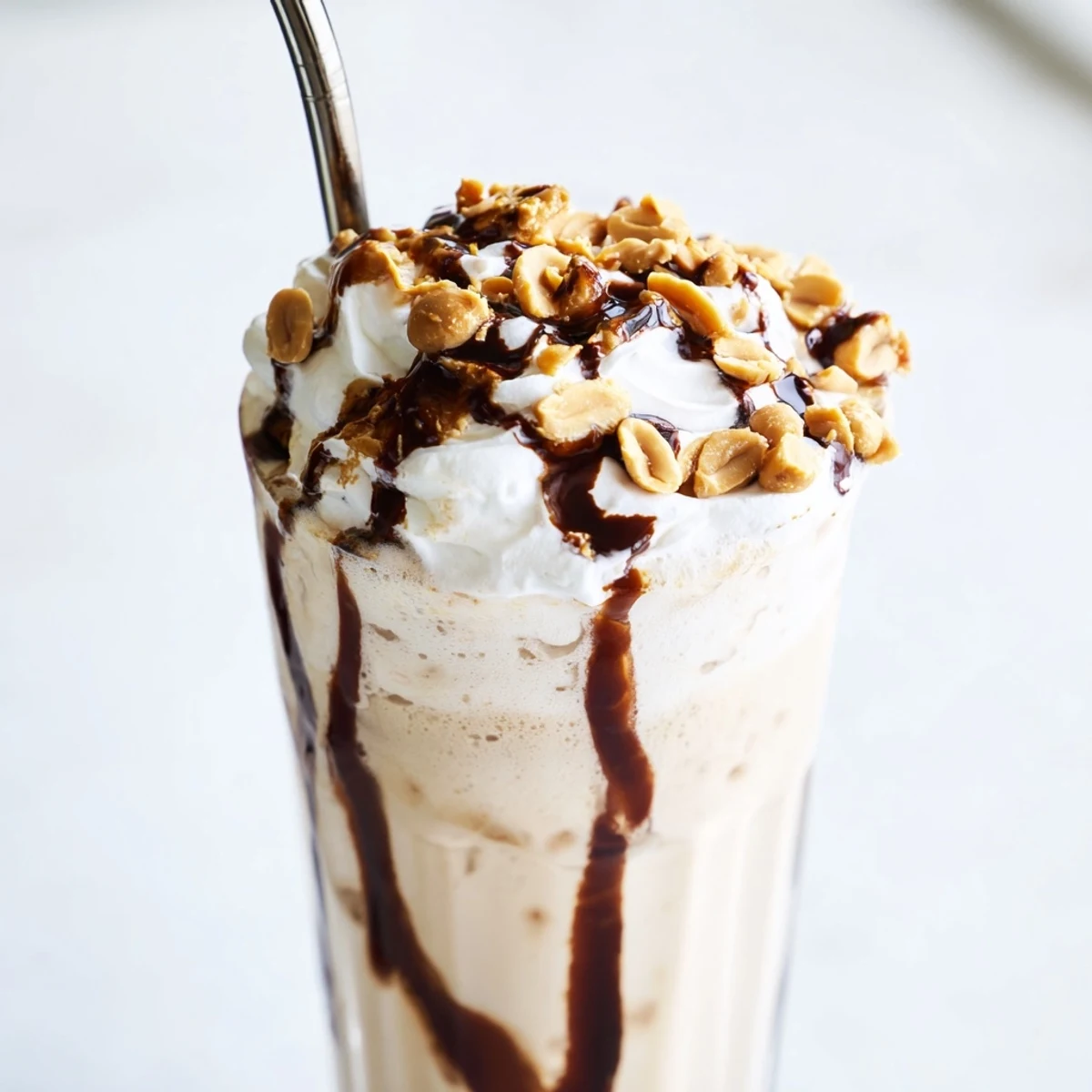Indulgent diner-style peanut butter milkshake served tall with whipped cream swirl and crunchy peanut topping for a nutty dessert