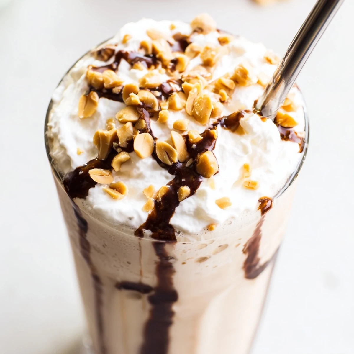 Rich velvety peanut butter milkshake blending vanilla ice cream with a straw and garnished with chocolate syrup drizzle