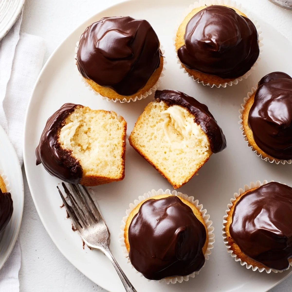 Homemade Boston cream pie cupcakes stacked on a wire rack showing chocolate tops with vanilla cream centers visible