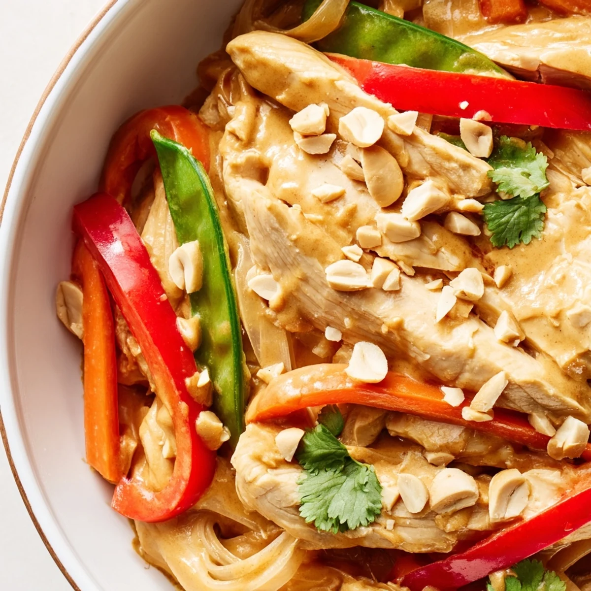Golden chicken and crisp vegetables in creamy Thai peanut chicken noodle bowls garnished with crushed peanuts