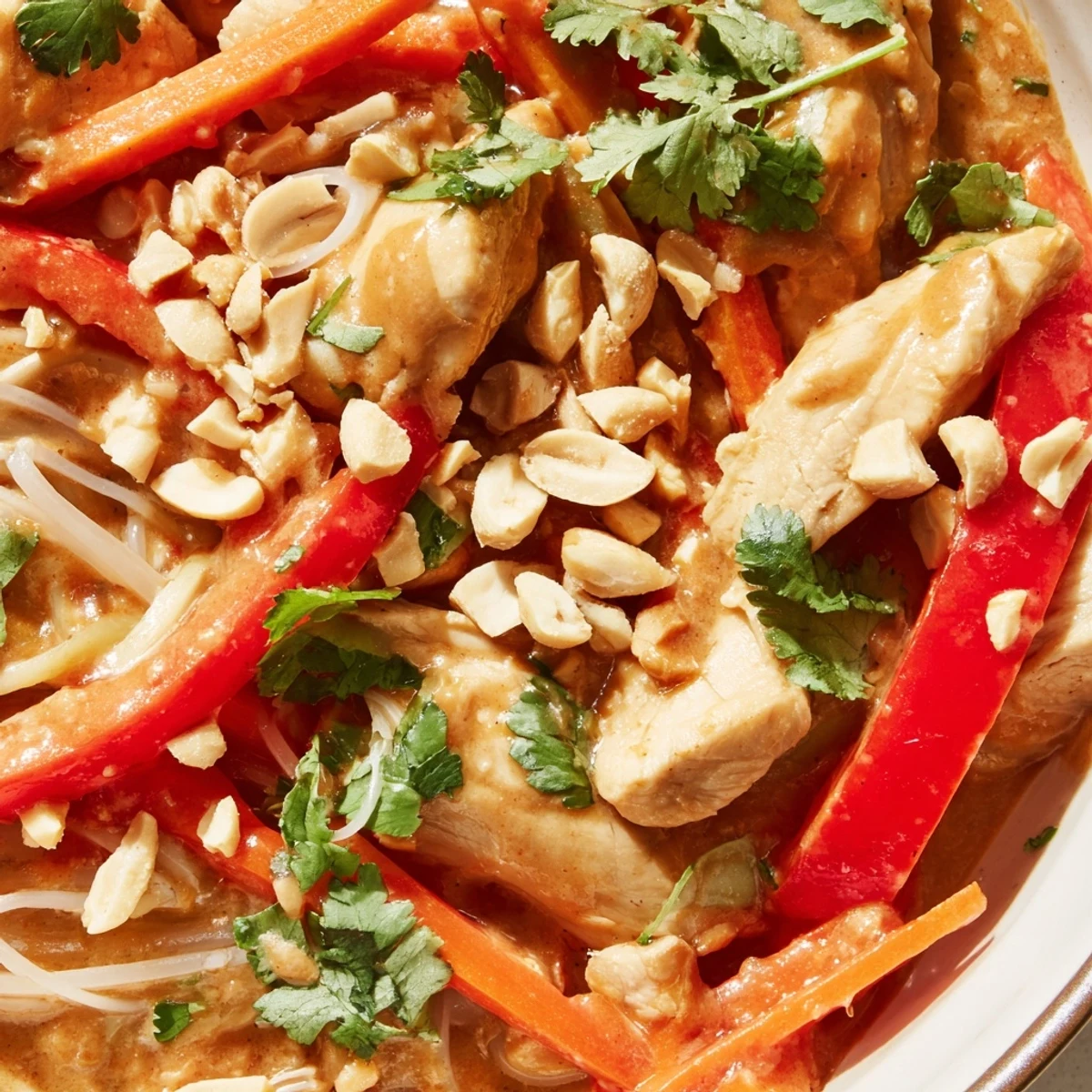 Close up of spicy Thai peanut chicken noodle bowls served with lime wedges and fresh cilantro