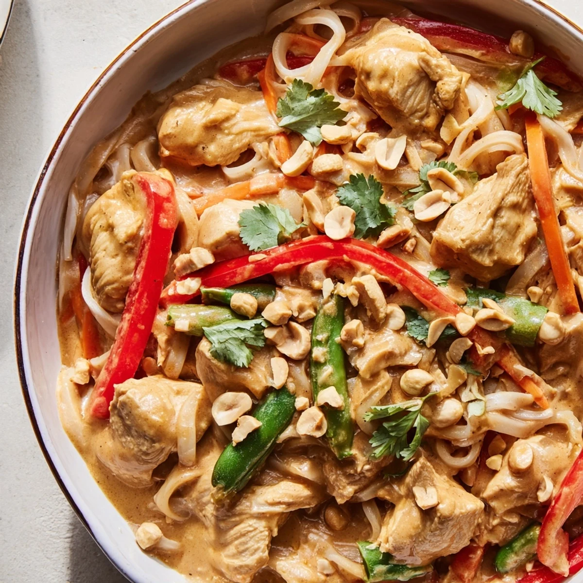 Vibrant Thai peanut chicken noodle bowls featuring rice noodles coated in rich peanut sauce with snap peas