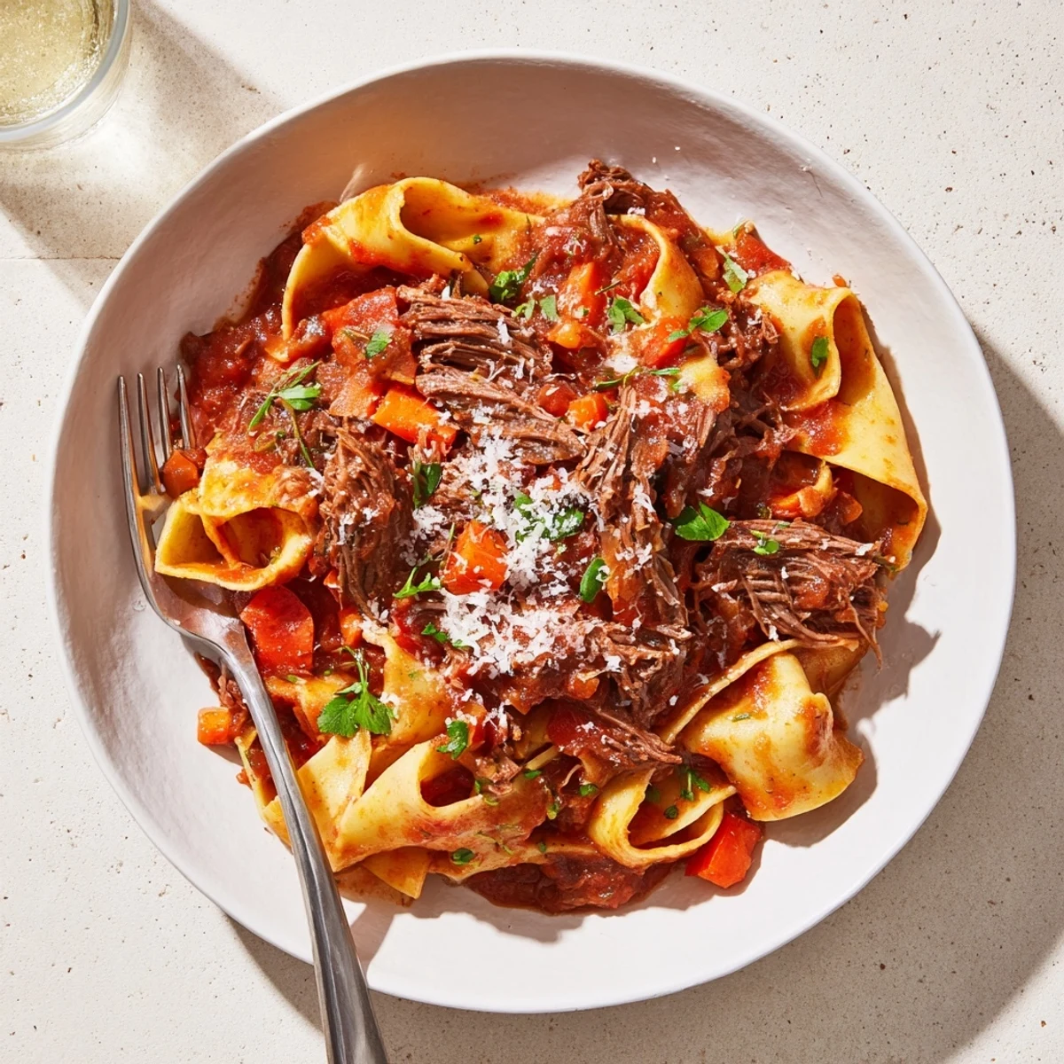 Slow cooker beef ragu with tender shredded meat in rich red tomato sauce ladled over wide pasta noodles