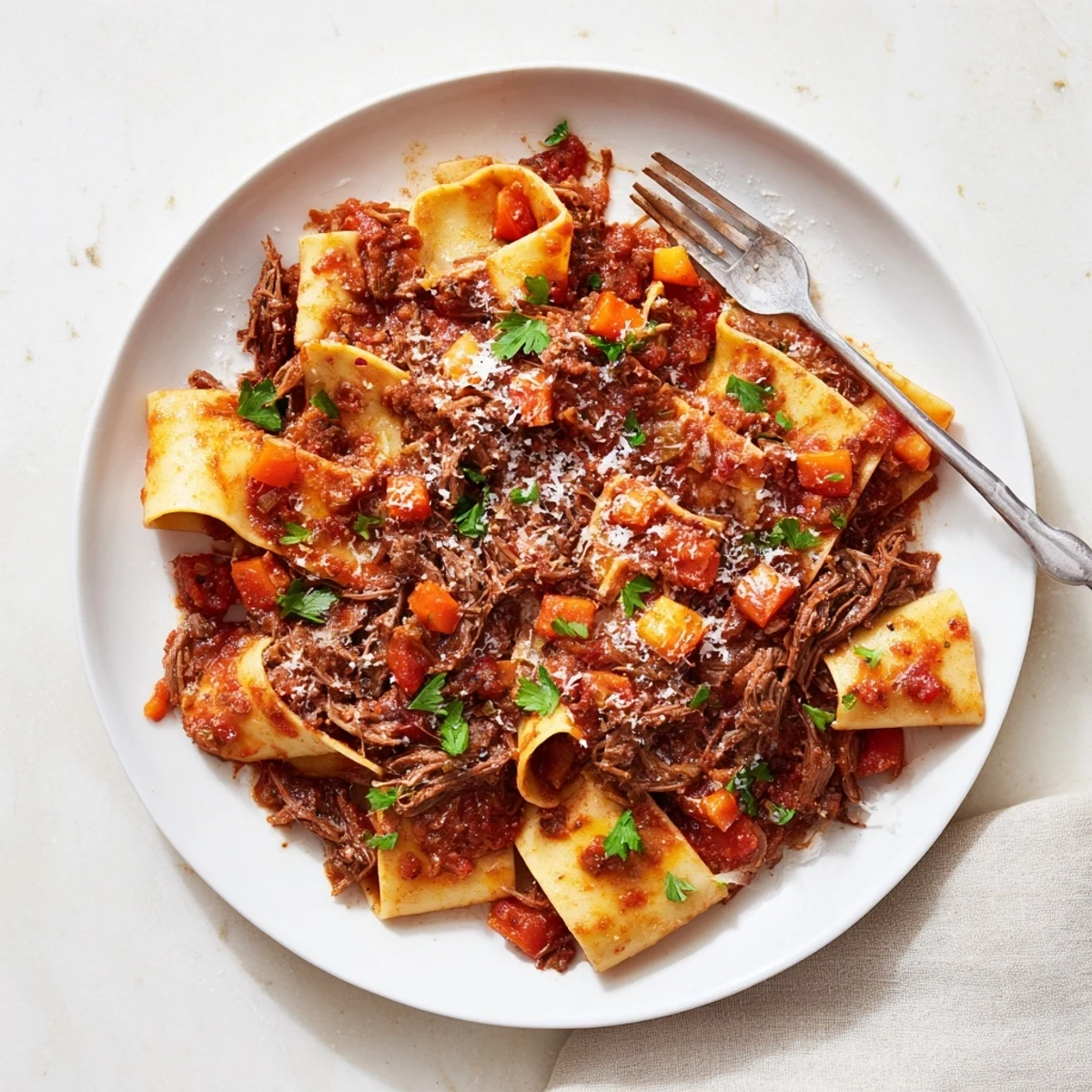 Hearty slow cooker beef ragu featuring melt-in-your-mouth beef chunks swimming in a rustic Italian-style tomato and wine sauce