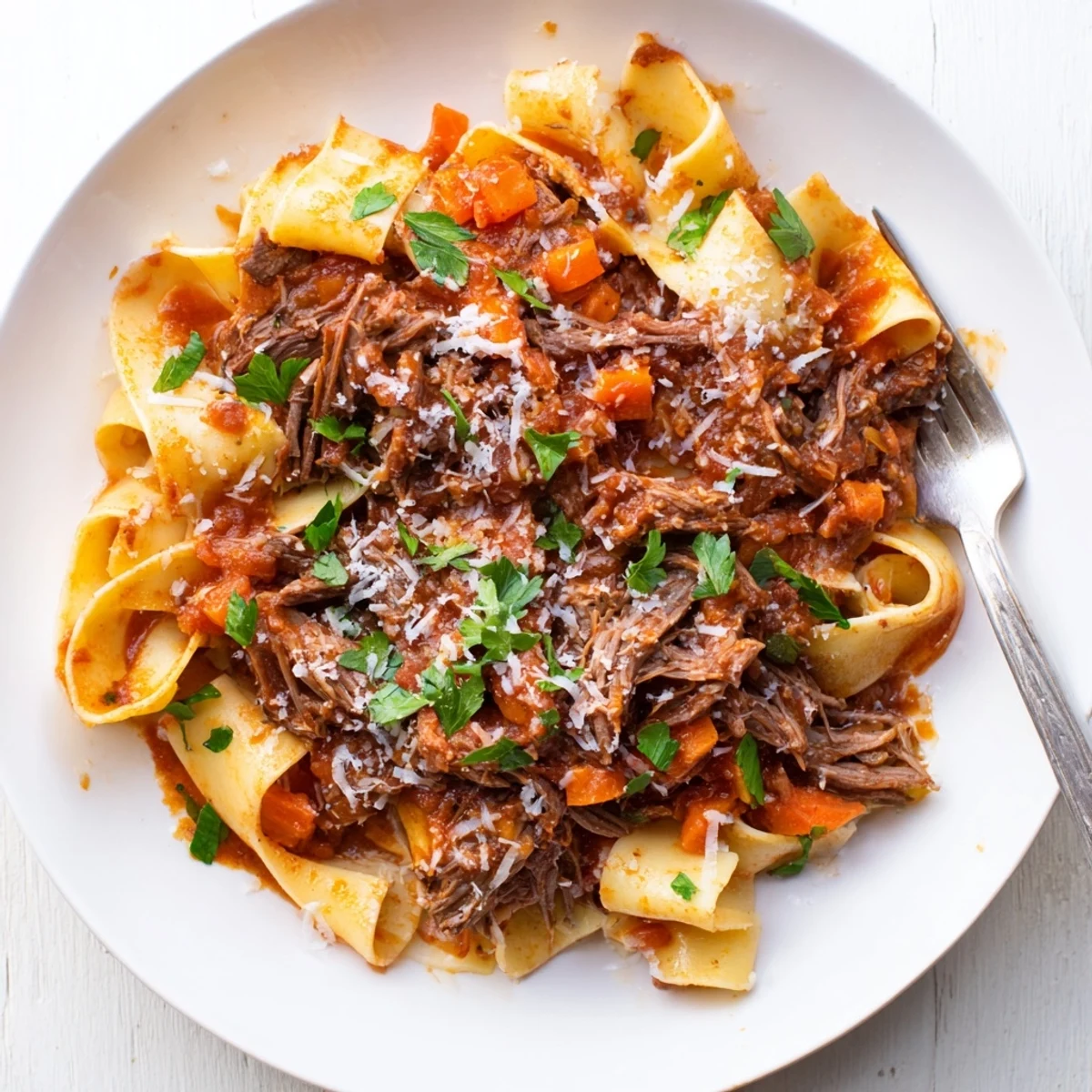 Golden slow cooker beef ragu topped with fresh parsley and grated parmesan cheese served over creamy white polenta