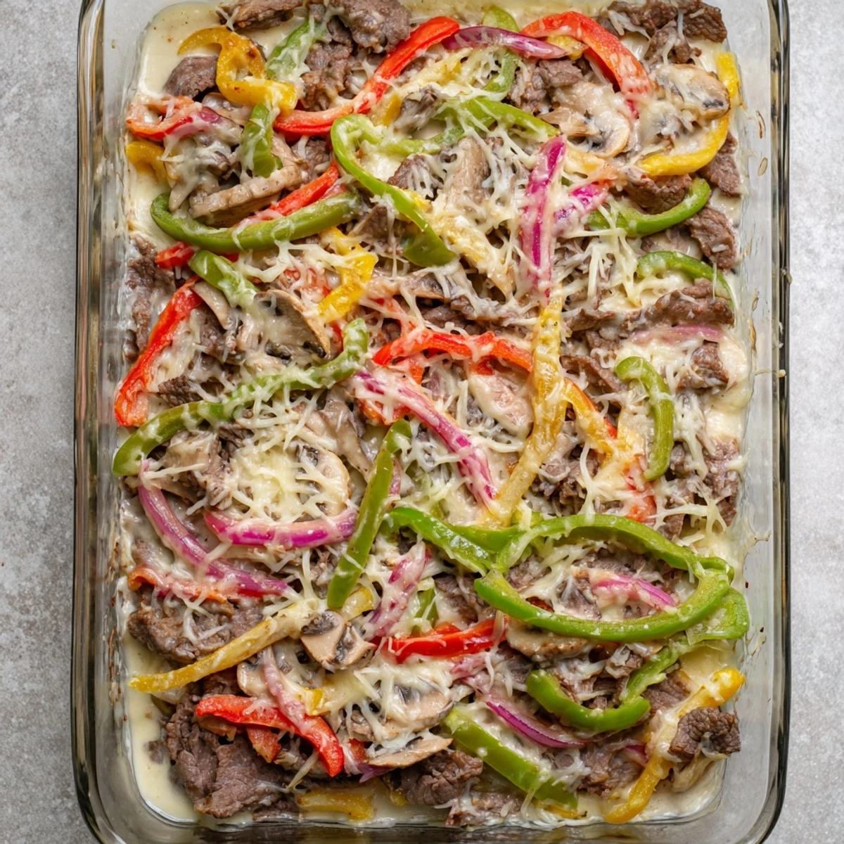 Golden melted provolone and mozzarella cover this low carb Philly cheesesteak casserole with tender beef