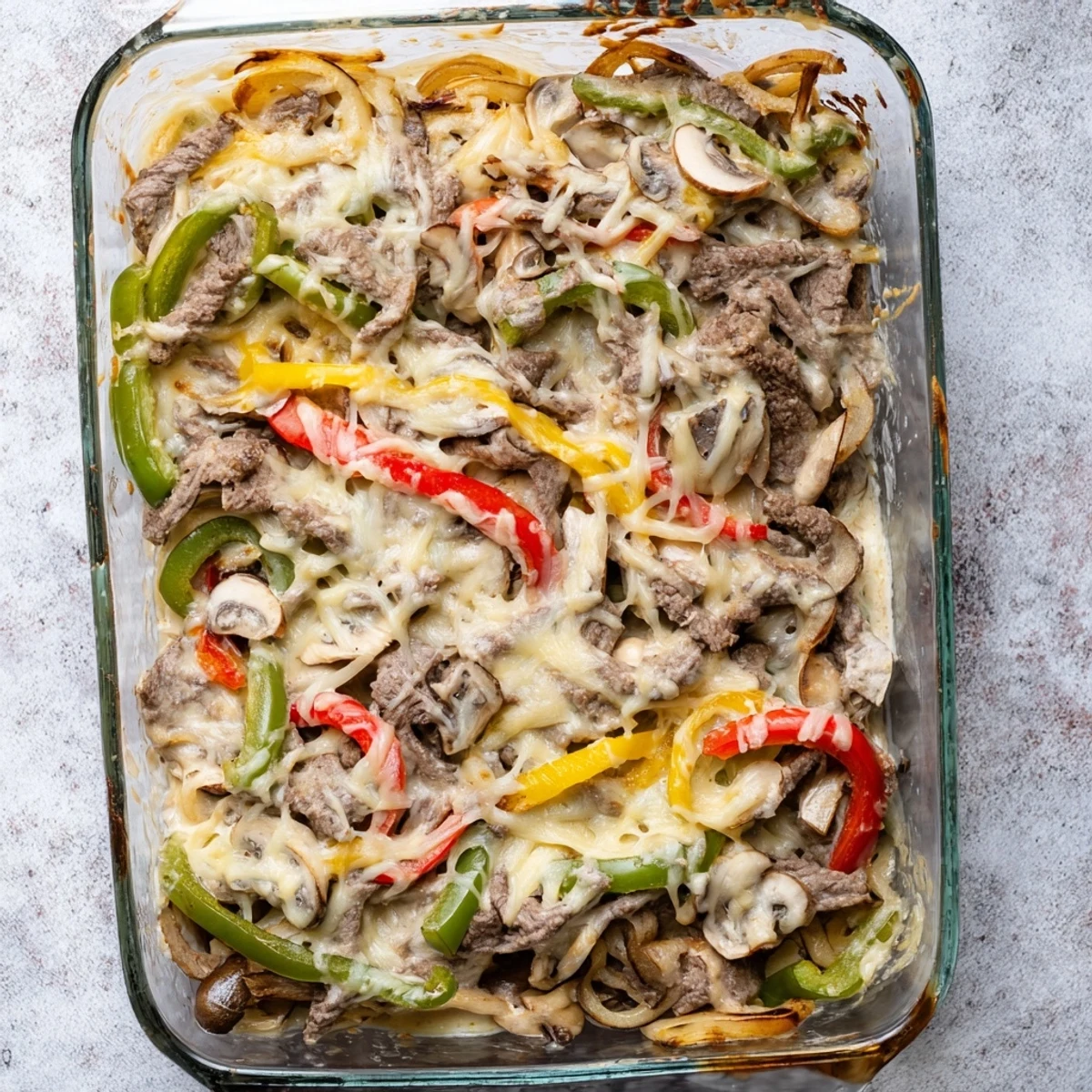 Baked casserole dish overflowing with sliced beef peppers onions and three melted cheeses for a low carb Philly cheesesteak dinner