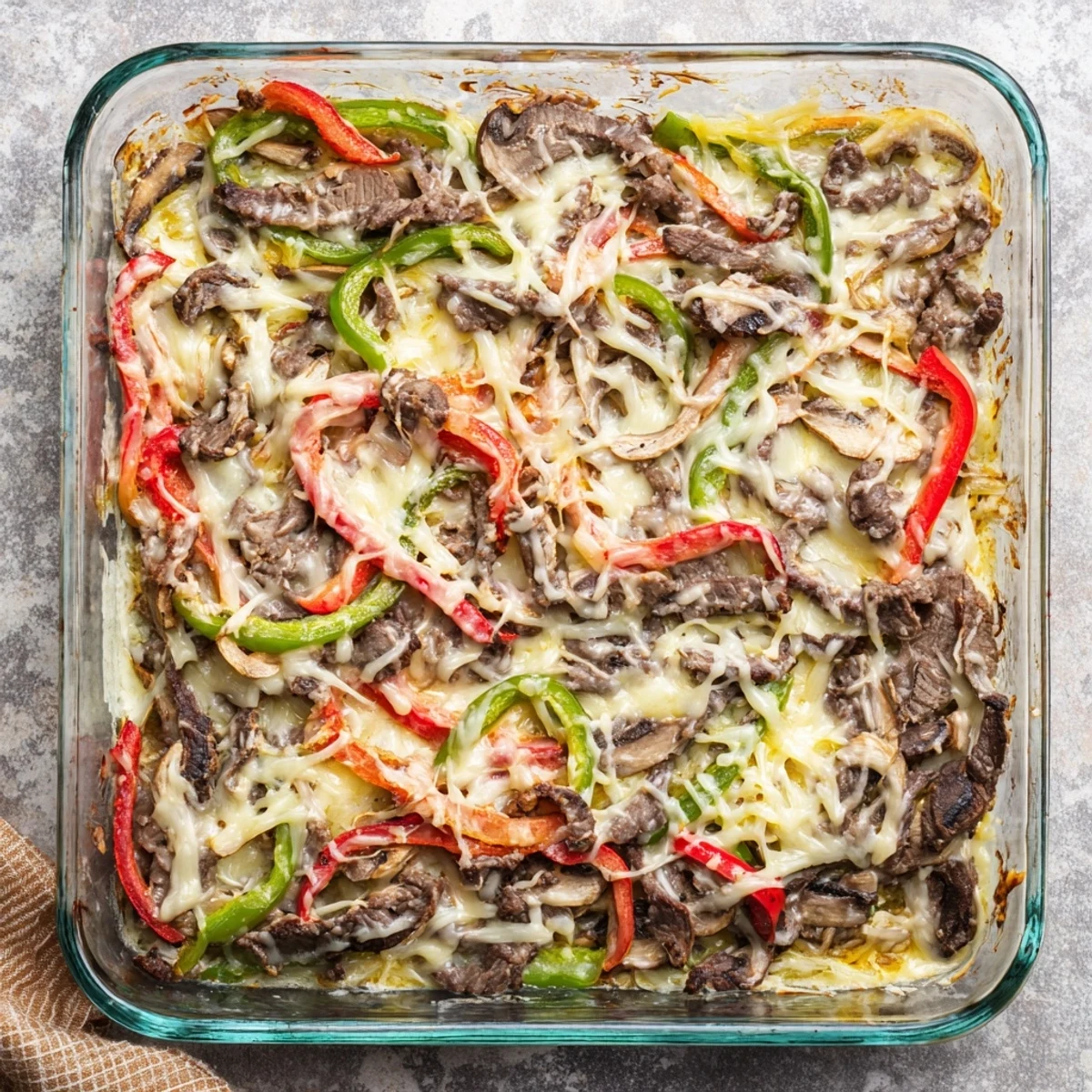 Creamy low carb Philly cheesesteak casserole featuring sautéed peppers onions and beef under bubbly golden cheese topping