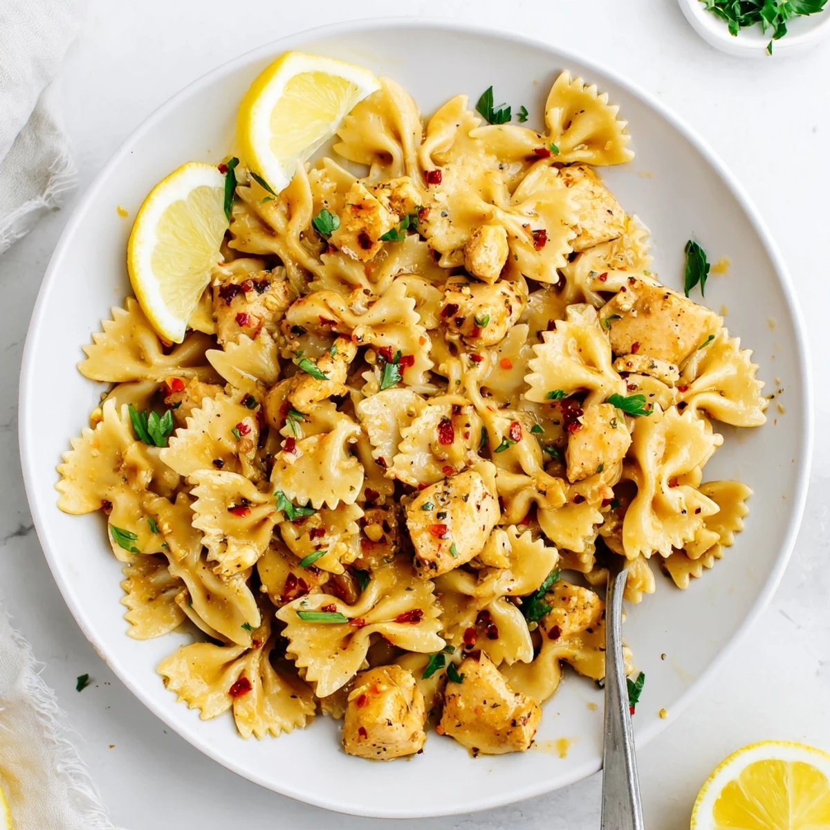 Golden low carb cowboy butter lemon bowtie chicken steaming in a white bowl with fresh parsley garnish