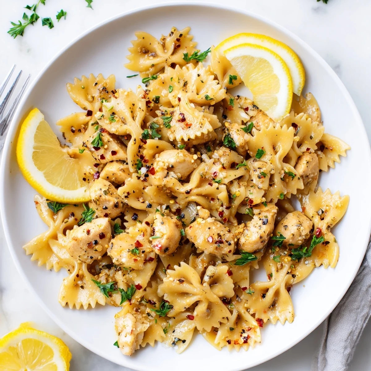 Tender chicken pieces and low-carb bowtie pasta coated in zesty lemon cowboy butter sauce with red pepper flakes