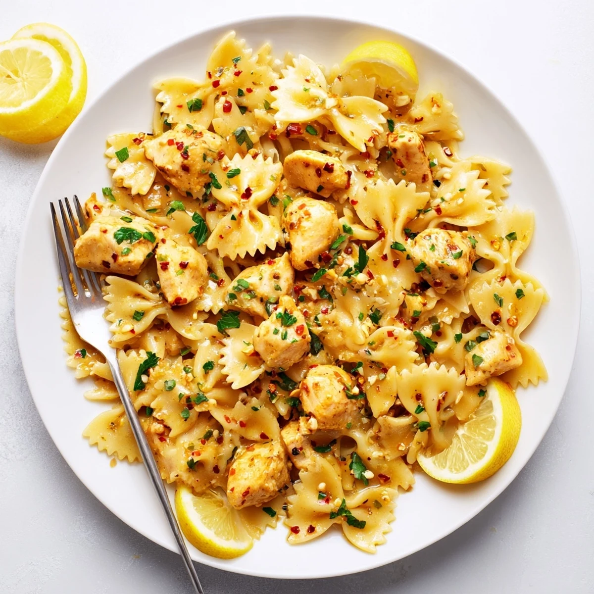 Creamy cowboy butter lemon bowtie chicken plated with pasta strands and lemon wedge on a rustic wooden surface