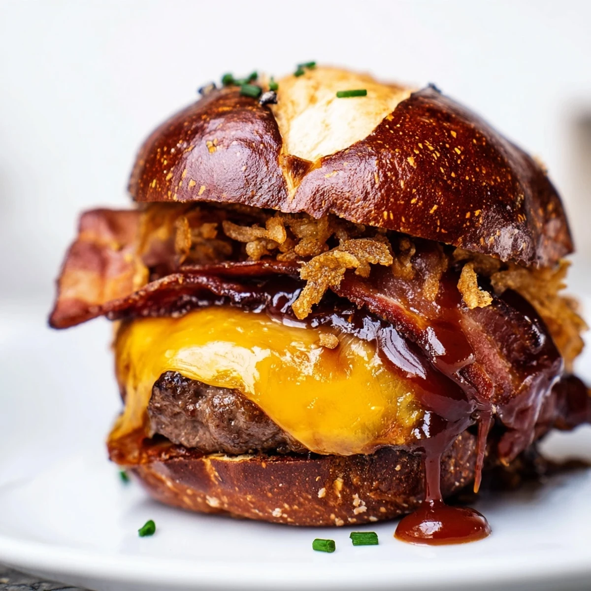 Golden pretzel bun sliders stacked with juicy beef patties, melted cheddar, crispy bacon, and tangy barbecue sauce