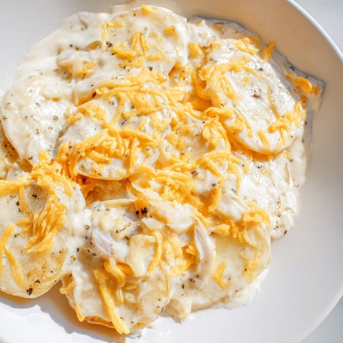 Golden brown cheesy scalloped potatoes in a baking dish with bubbly melted cheese topping