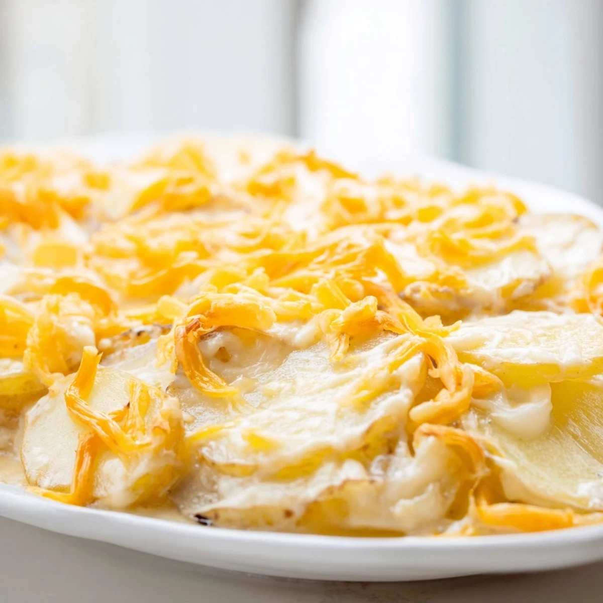 Creamy cheesy scalloped potatoes arranged in layered slices with a rich golden cheese crust