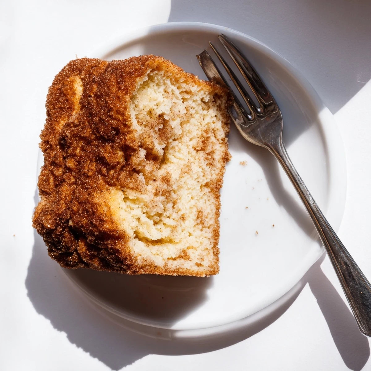 Slice of moist cinnamon sugar donut bread revealing tender interior with coffee cup nearby