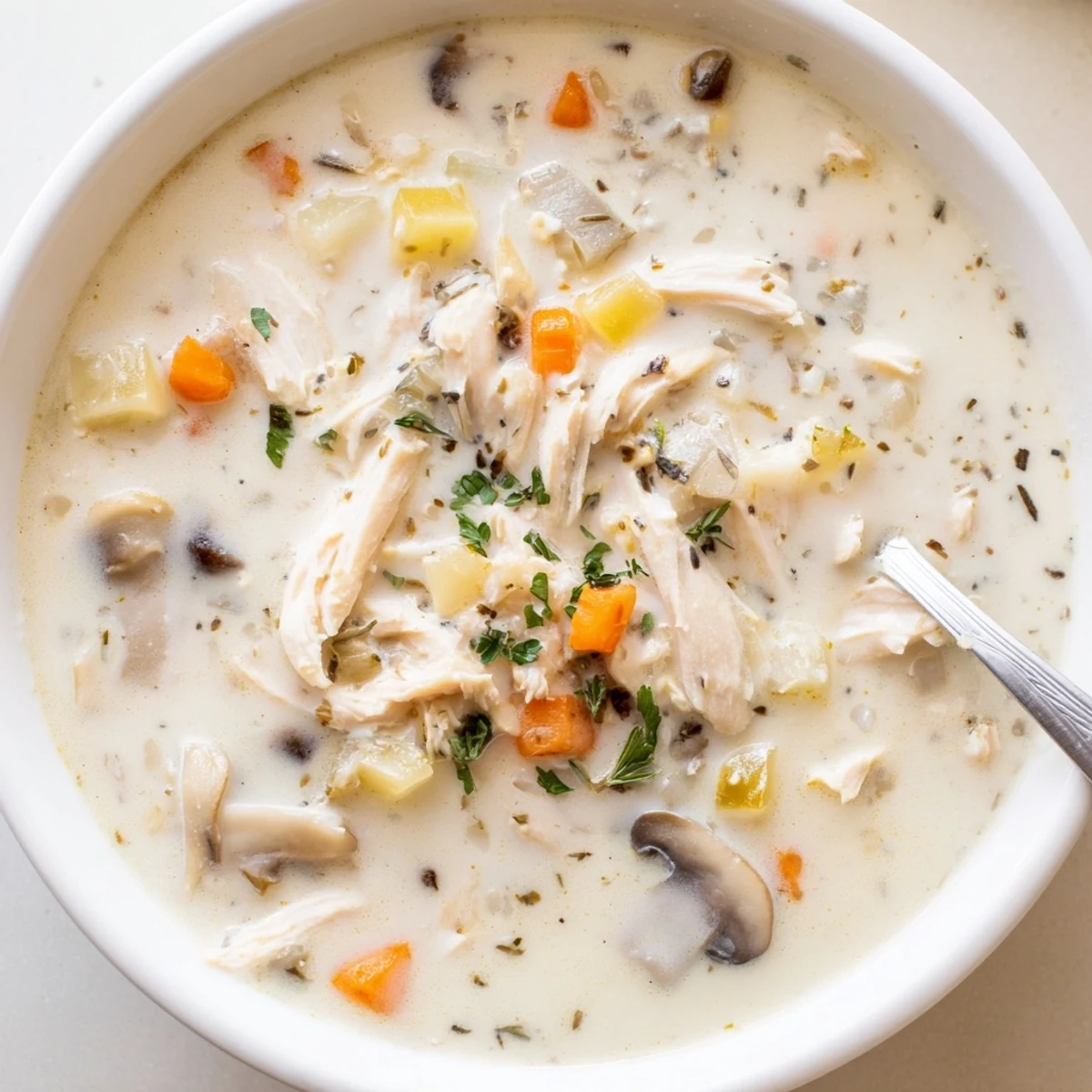 Creamy rotisserie chicken mushroom soup ladled into white bowls with fresh parsley garnish