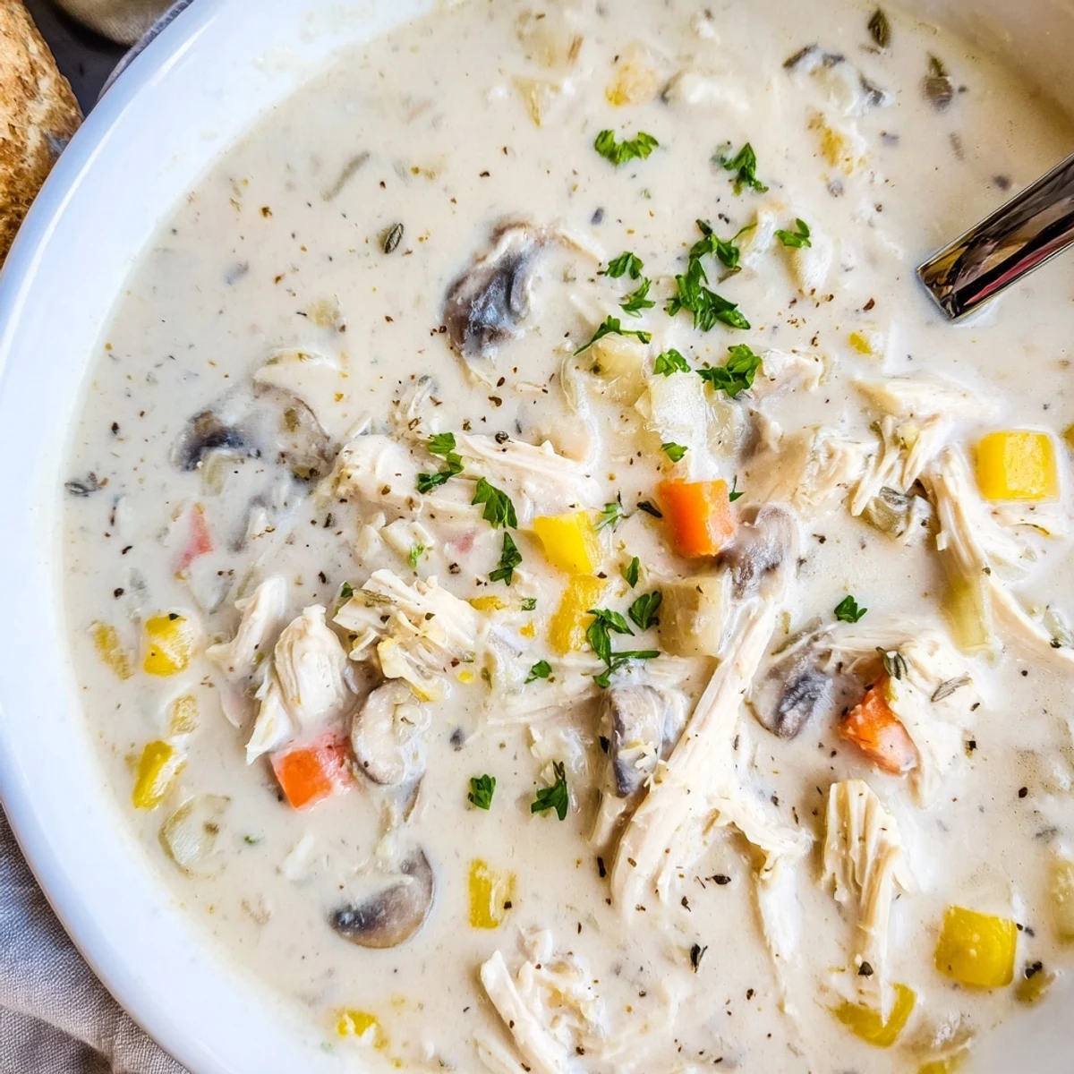 Steam rising from bowl of rich rotisserie chicken mushroom soup topped with chopped herbs